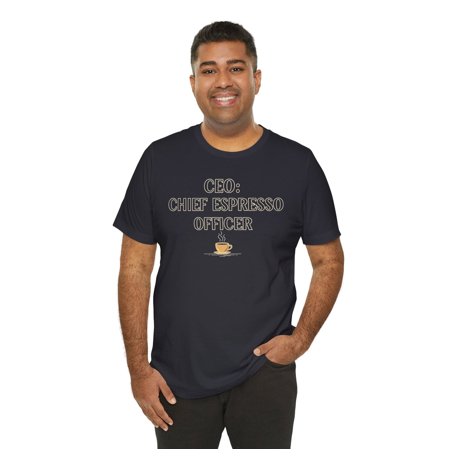 "CEO: Chief Espresso Officer" CW-1 Unisex Jersey T-Shirt for Baristas, Funny Coffee Shirt for Gifts, Perfect for Birthdays, Coffee Shop Outfits