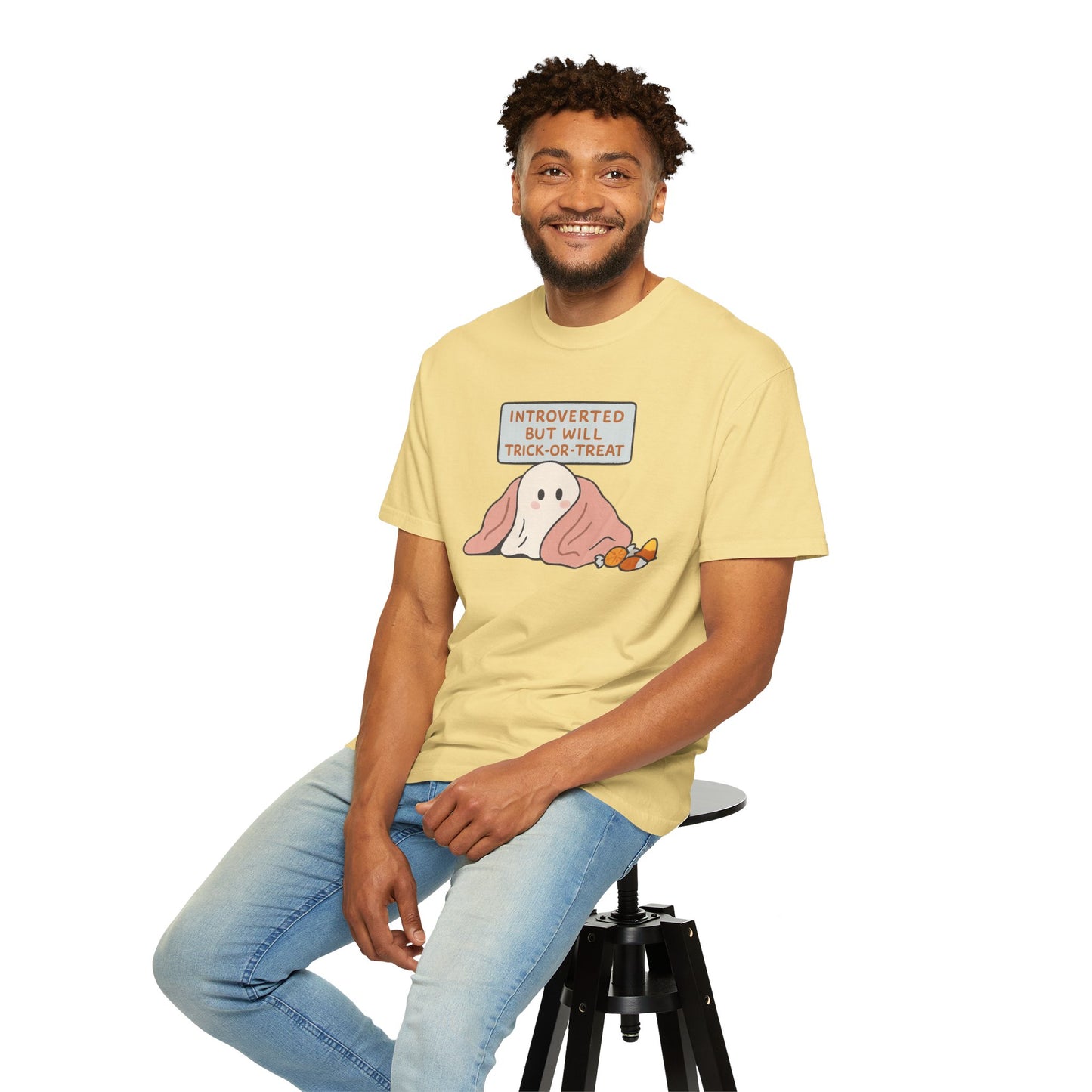 "Introverted But Will Trick or Treat" Unisex Halloween Tee, Funny Trick-or-Treat Shirt, Spooky Season Apparel, Gift for Introverts