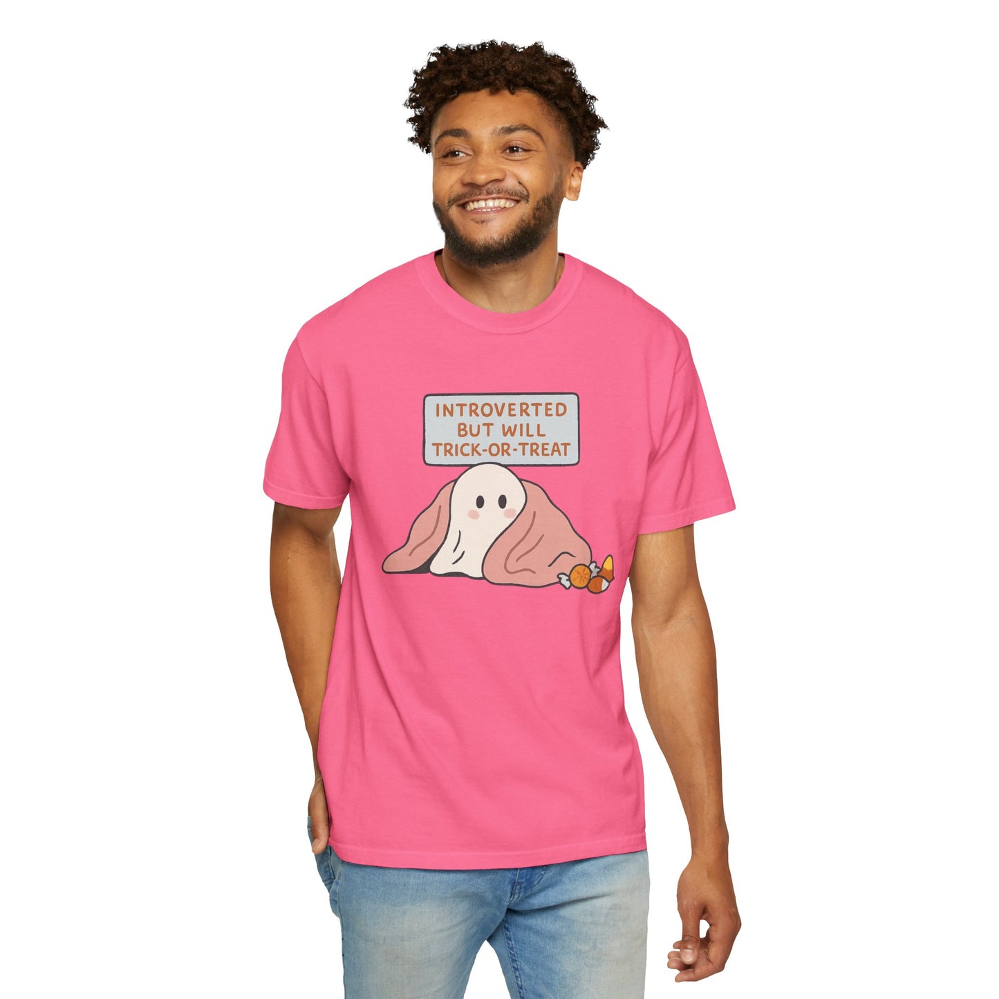 "Introverted But Will Trick or Treat" Unisex Halloween Tee, Funny Trick-or-Treat Shirt, Spooky Season Apparel, Gift for Introverts