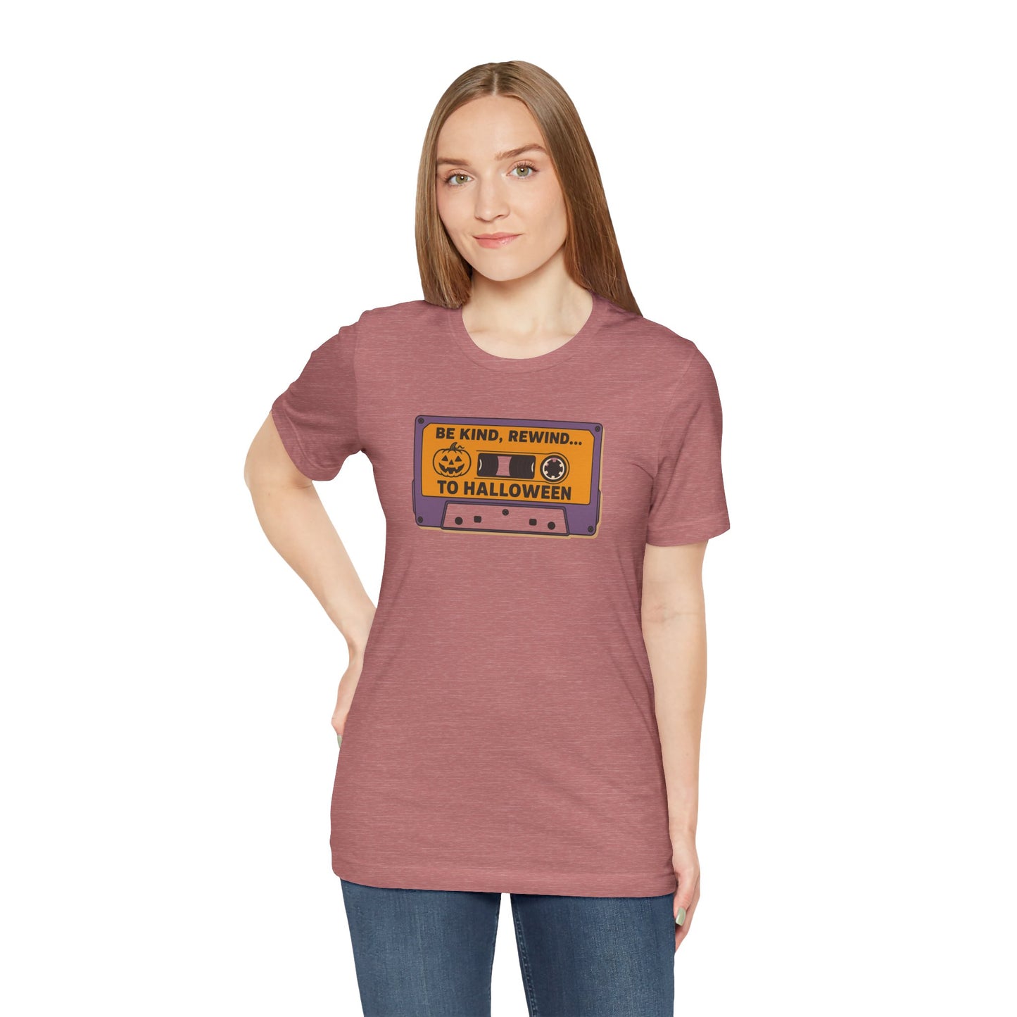 "Be Kind, Rewind to Halloween" T-Shirt, Unisex Casual Wear, Spooky Season Top, Vintage Style Shirt