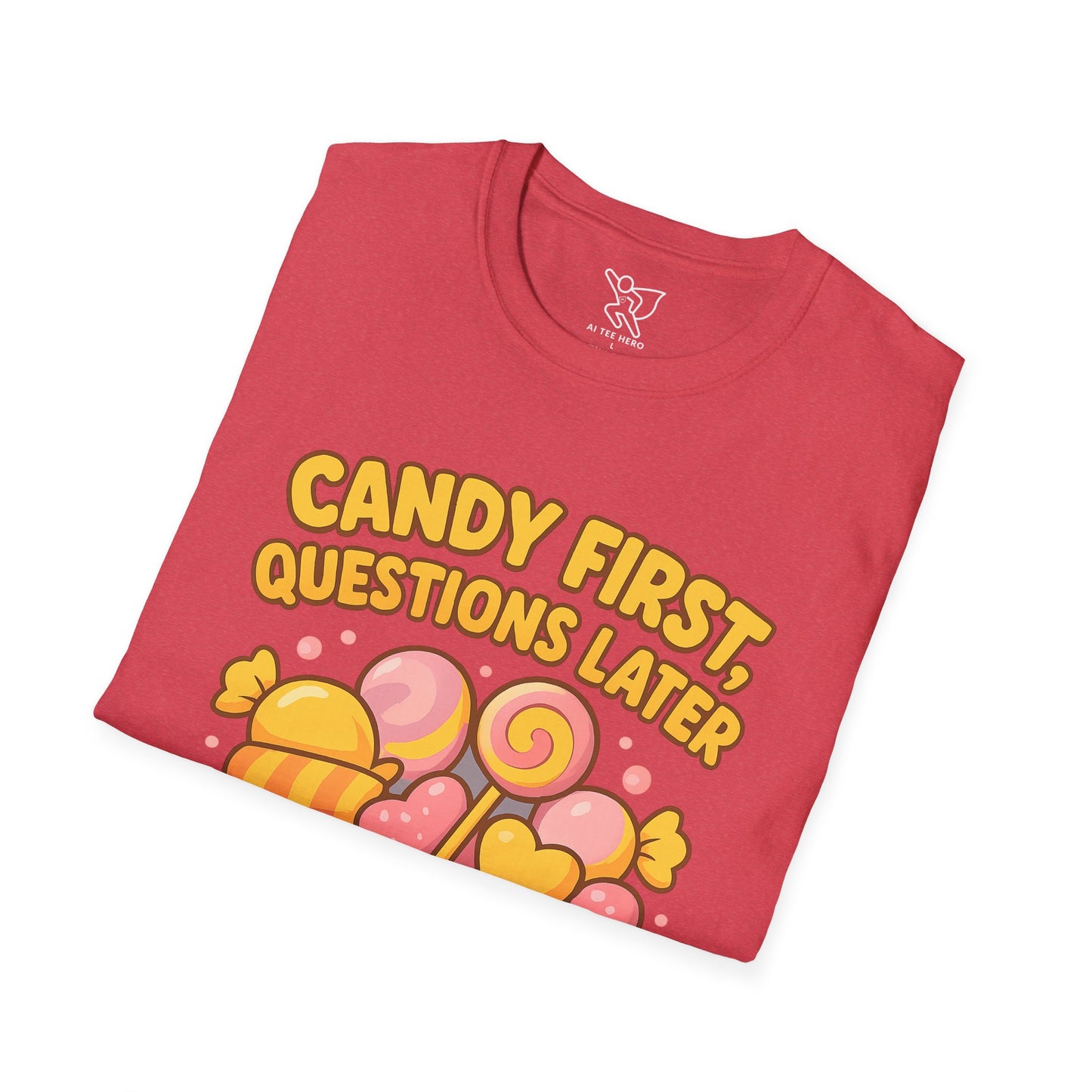 "Candy First, Questions Later" Unisex T-Shirt - Playful Graphic Tee, Fun Gift for Candy Lovers, Perfect for Parties, Quirky Fashion