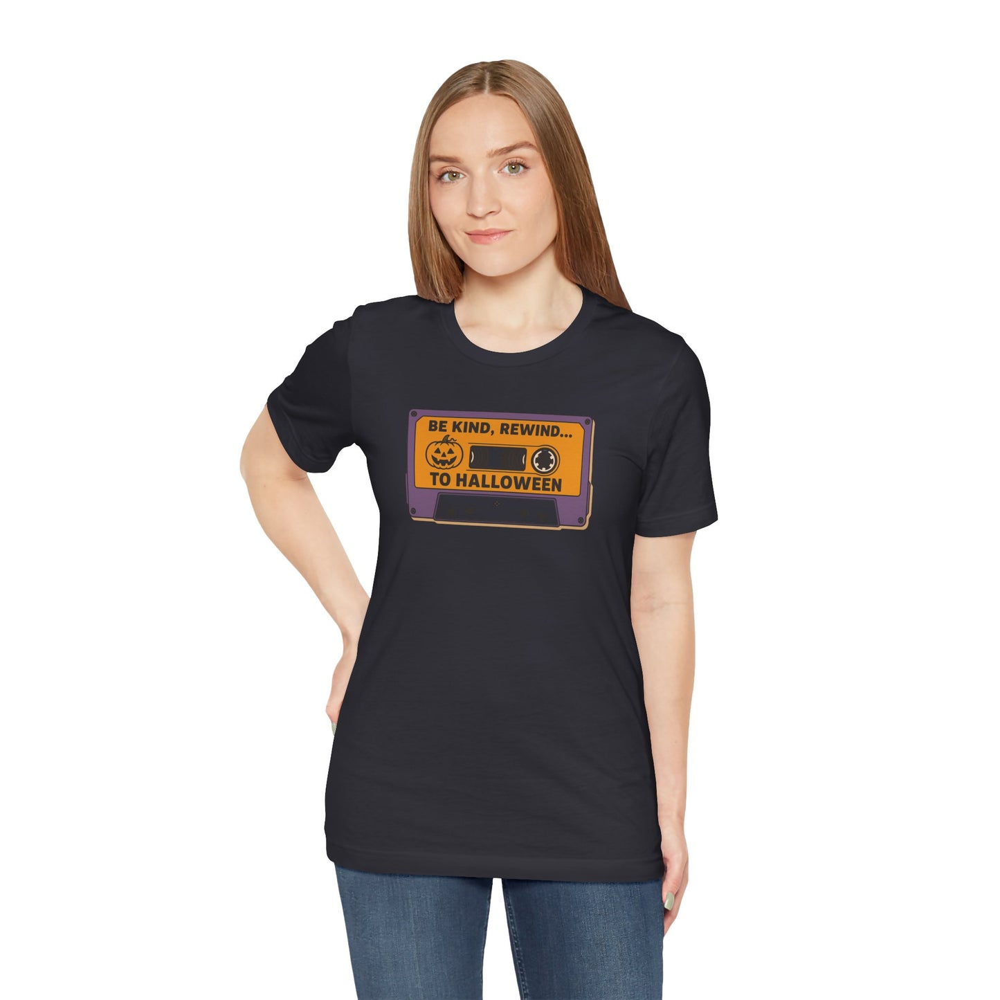 "Be Kind, Rewind to Halloween" T-Shirt, Unisex Casual Wear, Spooky Season Top, Vintage Style Shirt