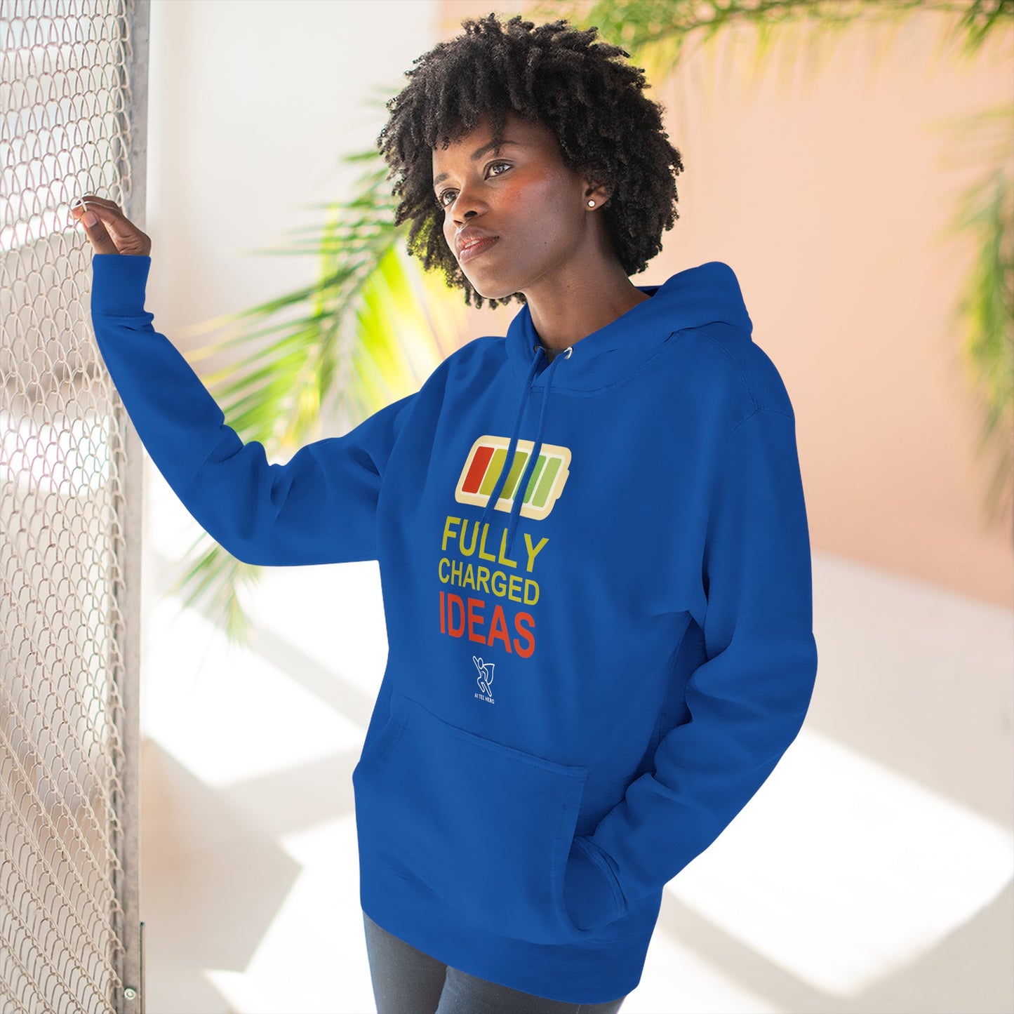 "Fully Charged Ideas" Motivational Fleece Sweatshirt, Cozy Gift for Creatives, Perfect for Inspiration, Fun Wear for All Occasions