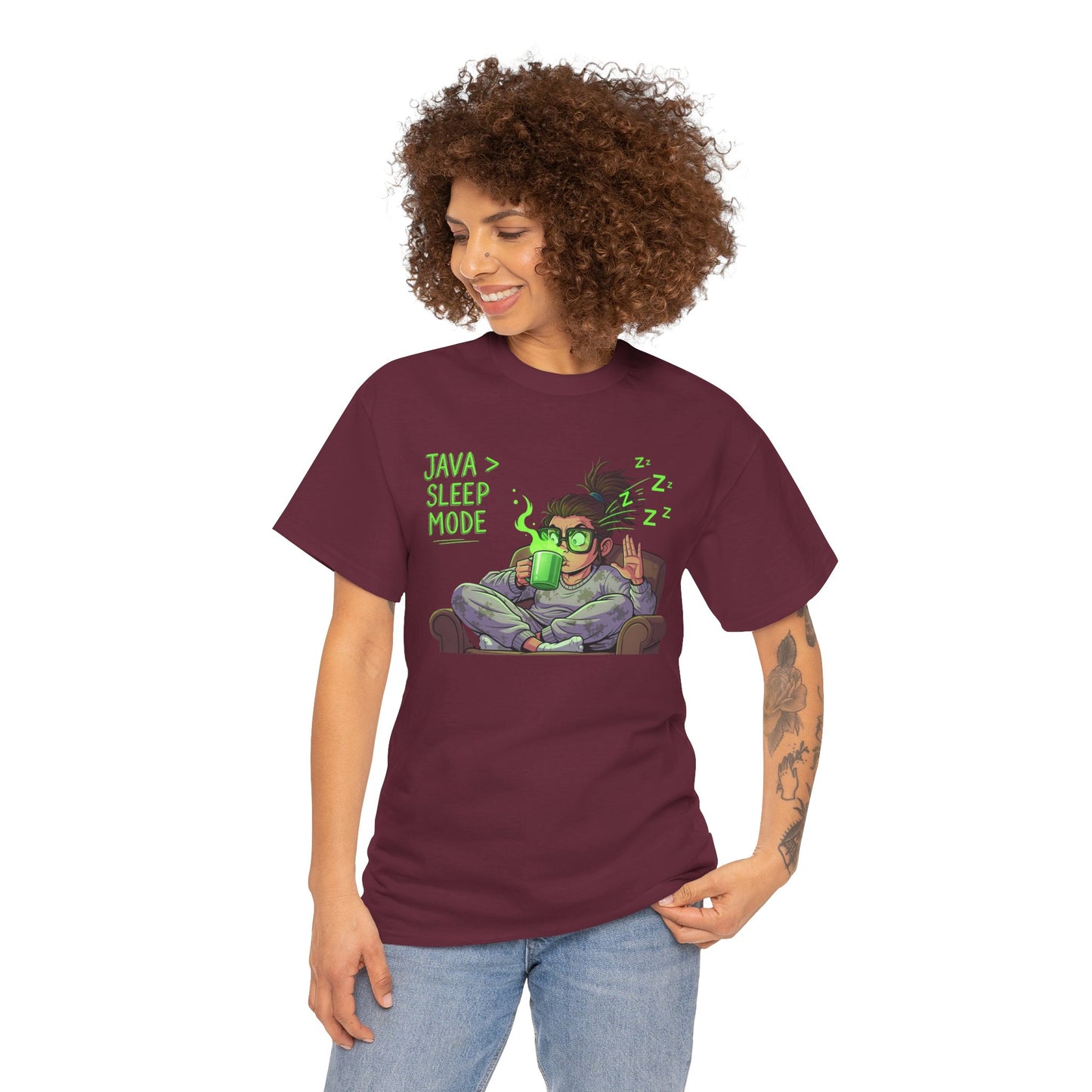 "Java > Sleep Mode" CW-1 Unisex Heavy Cotton Tee, Casual Wear, Gift for Coffee Lovers, Relaxation Shirt, Graphic Tee for Holidays