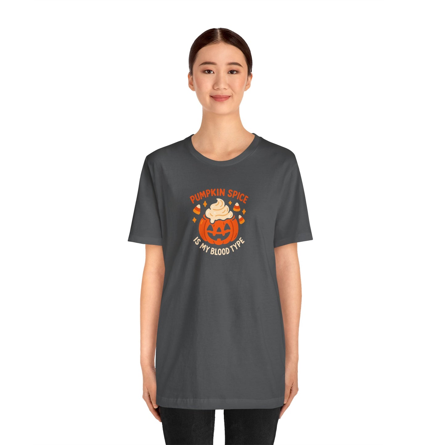 "Pumpkin Spice is My Blood Type" Short Sleeve Tee Fall Fashion, Halloween Shirt, Coffee Lover Gift, Autumn Wardrobe, Seasonal Tee