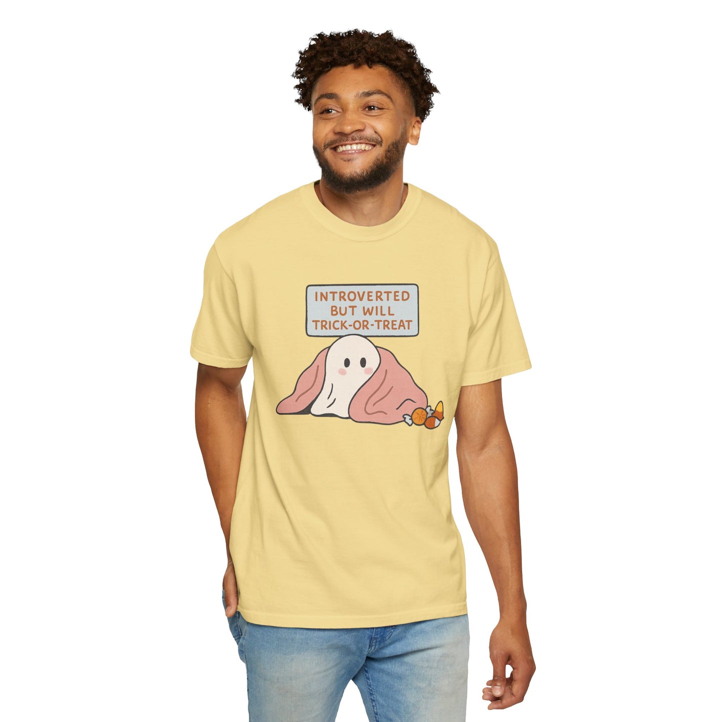"Introverted But Will Trick or Treat" Unisex Halloween Tee, Funny Trick-or-Treat Shirt, Spooky Season Apparel, Gift for Introverts