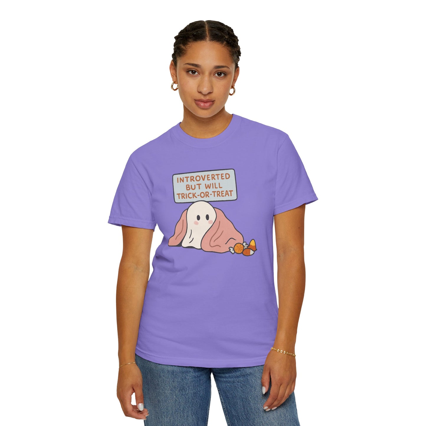 "Introverted But Will Trick or Treat" Unisex Halloween Tee, Funny Trick-or-Treat Shirt, Spooky Season Apparel, Gift for Introverts