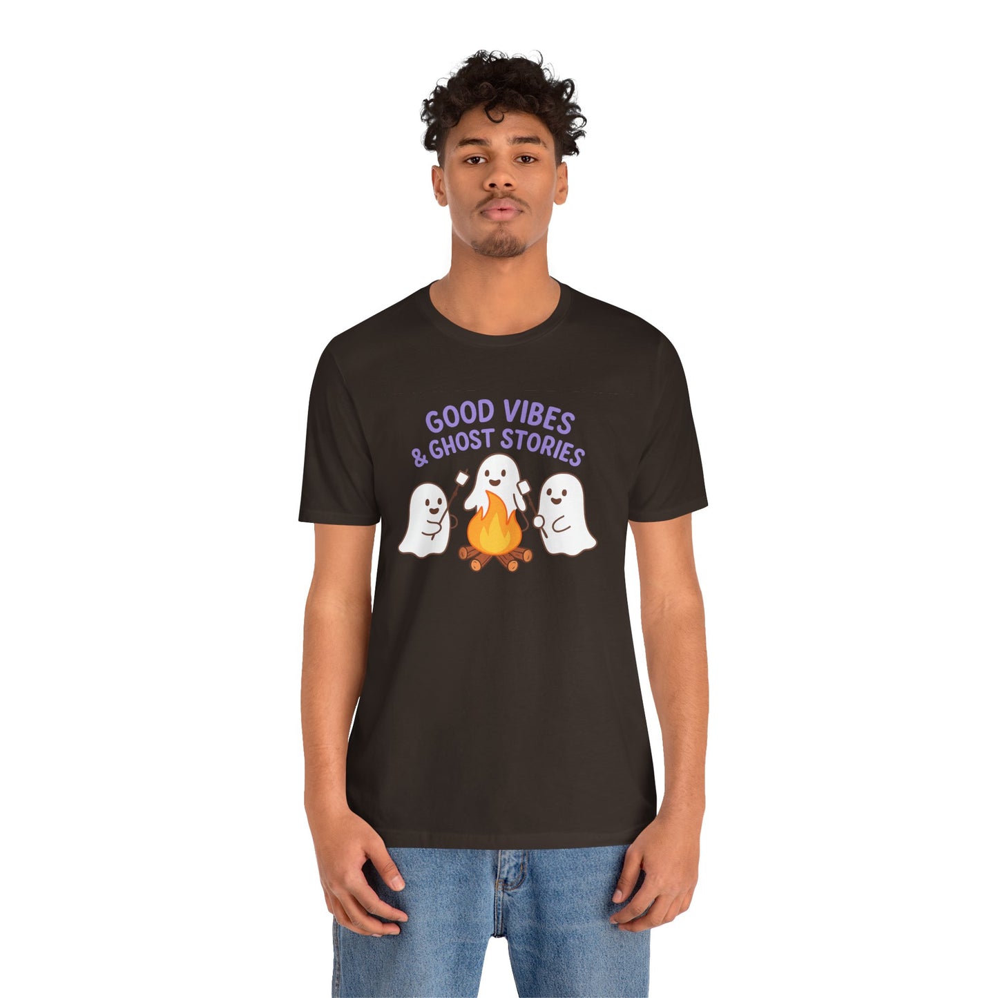 "Good Vibes & Ghost Stories" Unisex Jersey Short Sleeve Shirt for Halloween, Campfire Nights, Cozy Gatherings, Spirit Enthusiasts