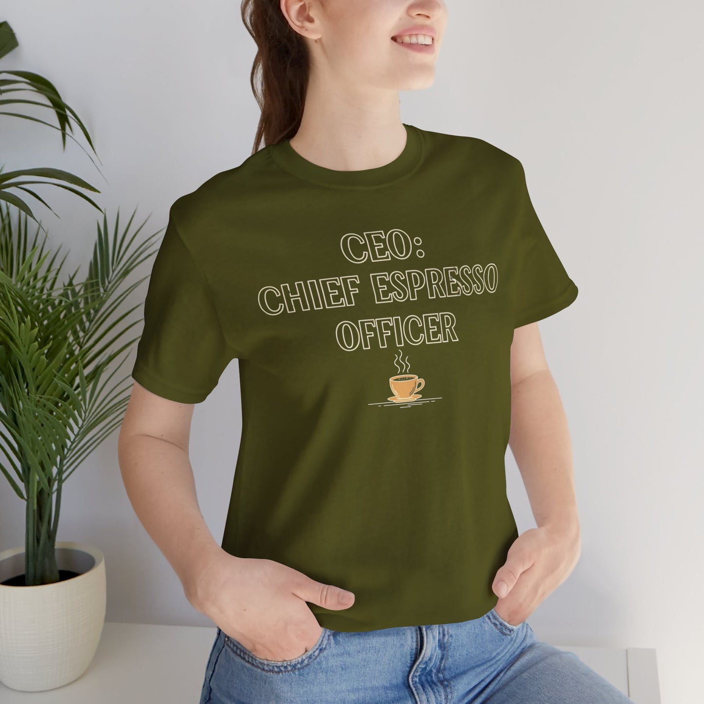 "CEO: Chief Espresso Officer" CW-1 Unisex Jersey T-Shirt for Baristas, Funny Coffee Shirt for Gifts, Perfect for Birthdays, Coffee Shop Outfits