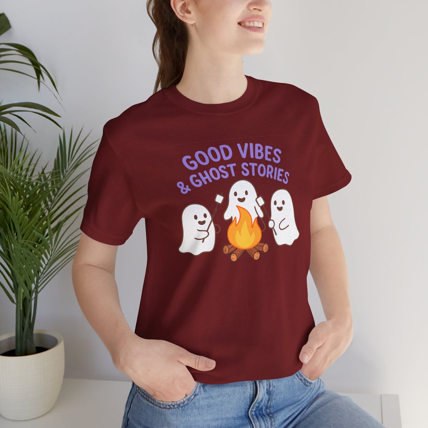"Good Vibes & Ghost Stories" Unisex Jersey Short Sleeve Shirt for Halloween, Campfire Nights, Cozy Gatherings, Spirit Enthusiasts