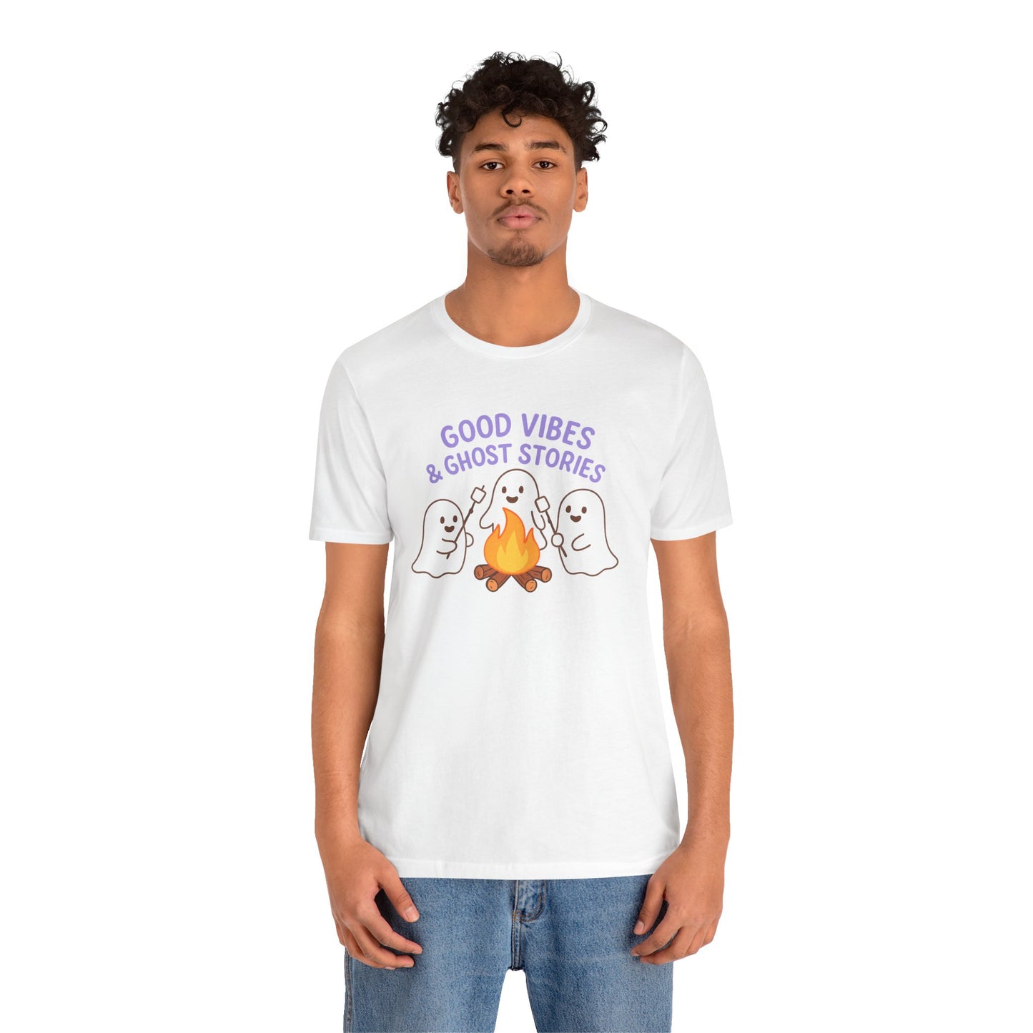 "Good Vibes & Ghost Stories" Unisex Jersey Short Sleeve Shirt for Halloween, Campfire Nights, Cozy Gatherings, Spirit Enthusiasts