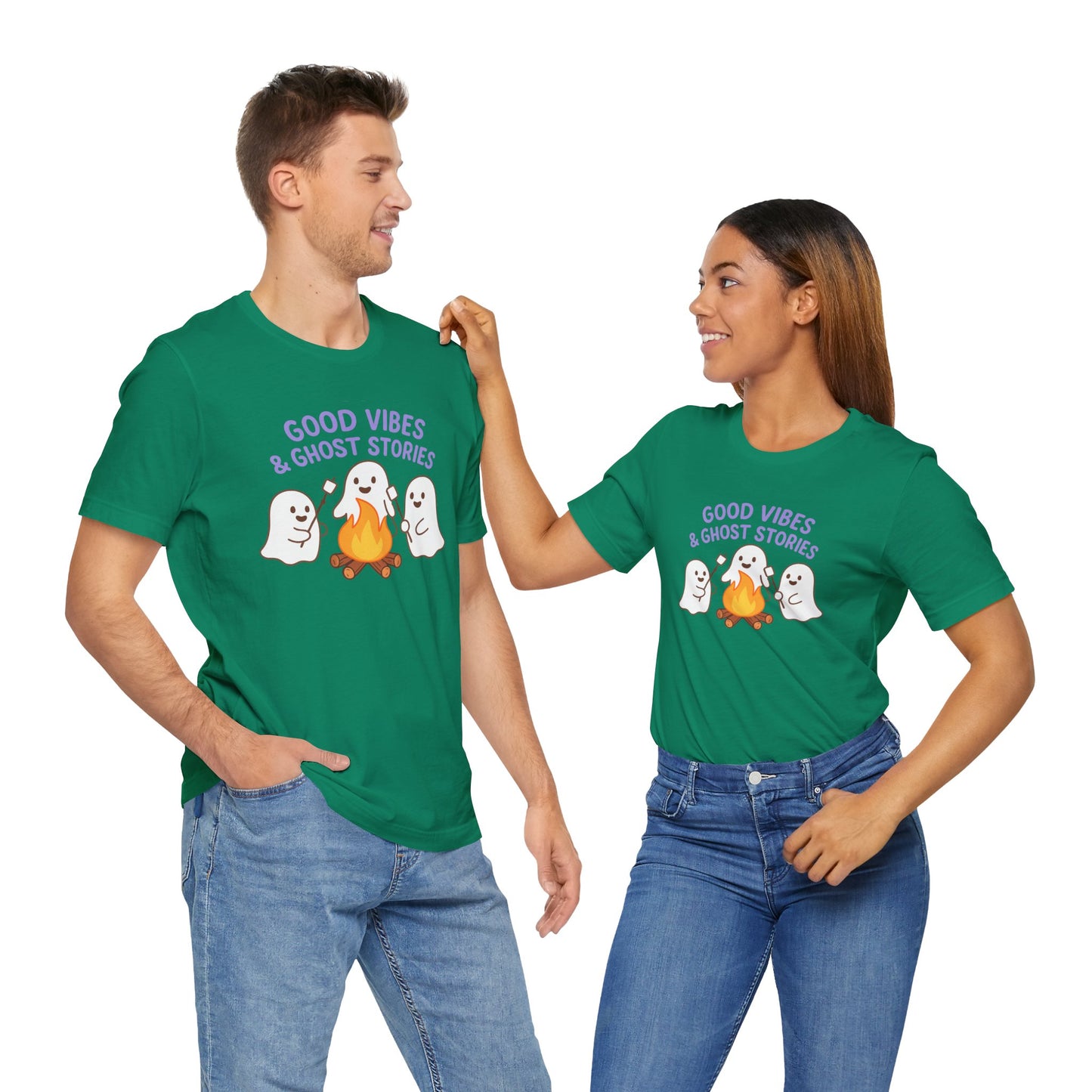 "Good Vibes & Ghost Stories" Unisex Jersey Short Sleeve Shirt for Halloween, Campfire Nights, Cozy Gatherings, Spirit Enthusiasts