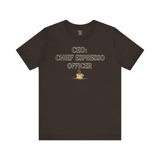 "CEO: Chief Espresso Officer" CW-1 Unisex Jersey T-Shirt for Baristas, Funny Coffee Shirt for Gifts, Perfect for Birthdays, Coffee Shop Outfits