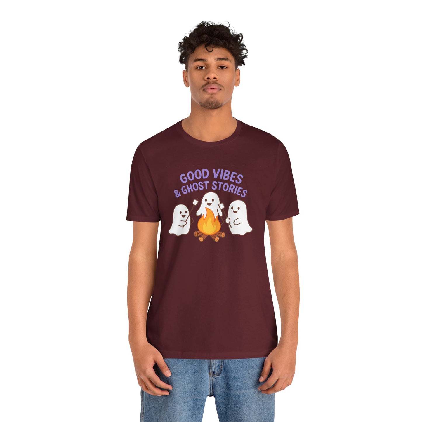 "Good Vibes & Ghost Stories" Unisex Jersey Short Sleeve Shirt for Halloween, Campfire Nights, Cozy Gatherings, Spirit Enthusiasts