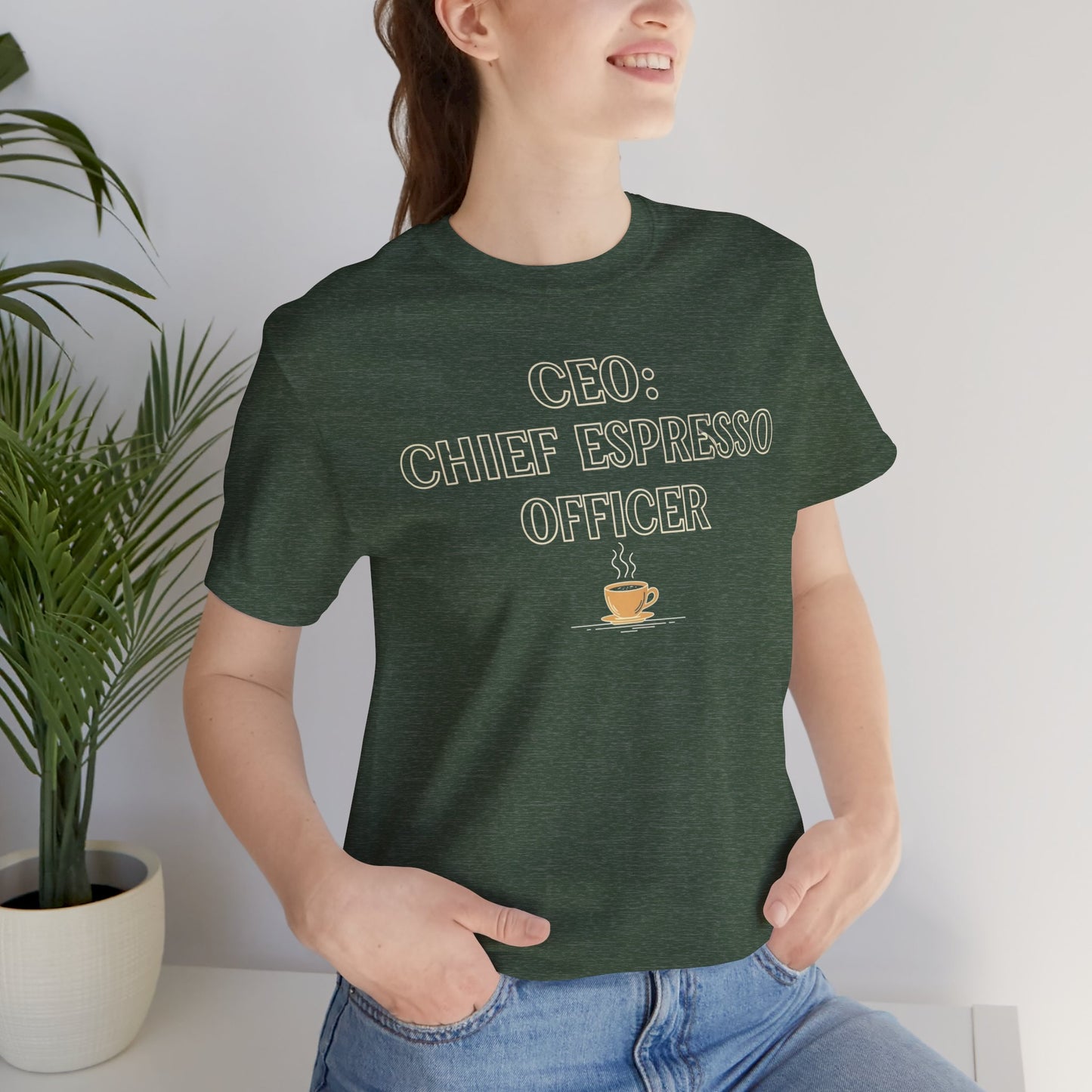 "CEO: Chief Espresso Officer" CW-1 Unisex Jersey T-Shirt for Baristas, Funny Coffee Shirt for Gifts, Perfect for Birthdays, Coffee Shop Outfits