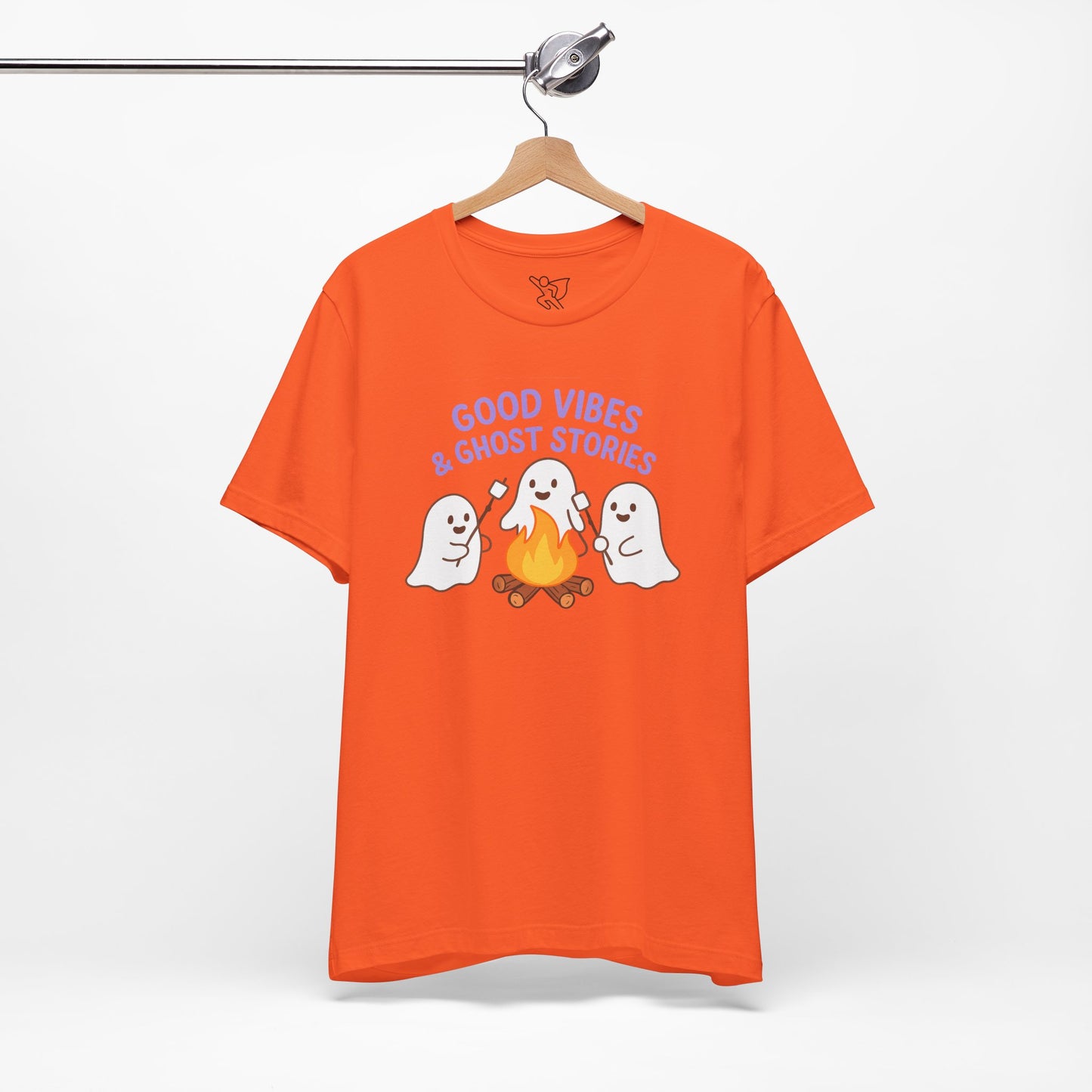 "Good Vibes & Ghost Stories" Unisex Jersey Short Sleeve Shirt for Halloween, Campfire Nights, Cozy Gatherings, Spirit Enthusiasts