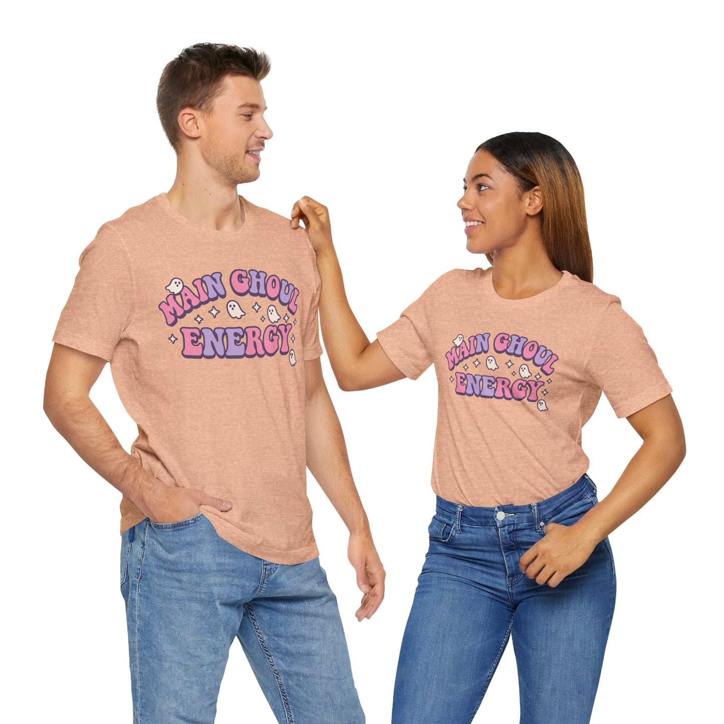 "Main Ghoul Energy" Unisex Short Sleeve T-Shirt, Halloween Party Shirt, Cute Graphic Tee, Gift for Ghost Lovers, Trendy Casual Wear