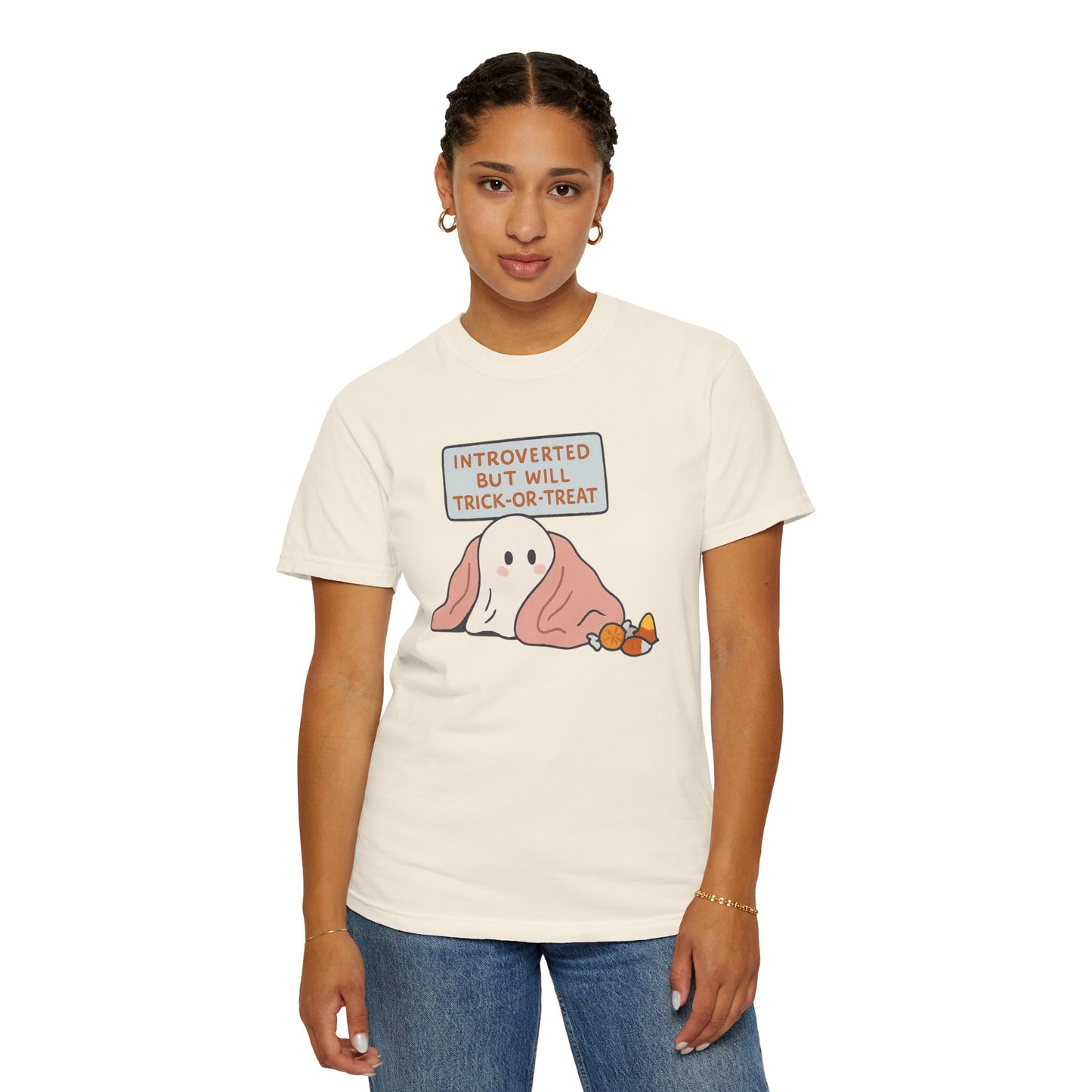 "Introverted But Will Trick or Treat" Unisex Halloween Tee, Funny Trick-or-Treat Shirt, Spooky Season Apparel, Gift for Introverts