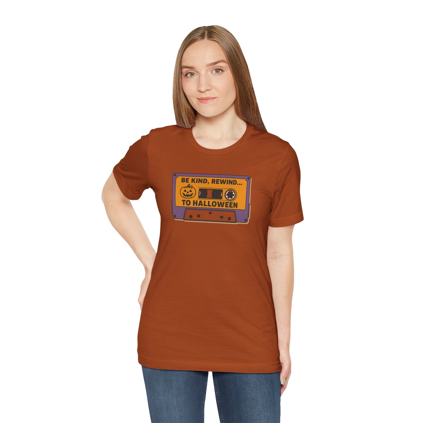 "Be Kind, Rewind to Halloween" T-Shirt, Unisex Casual Wear, Spooky Season Top, Vintage Style Shirt