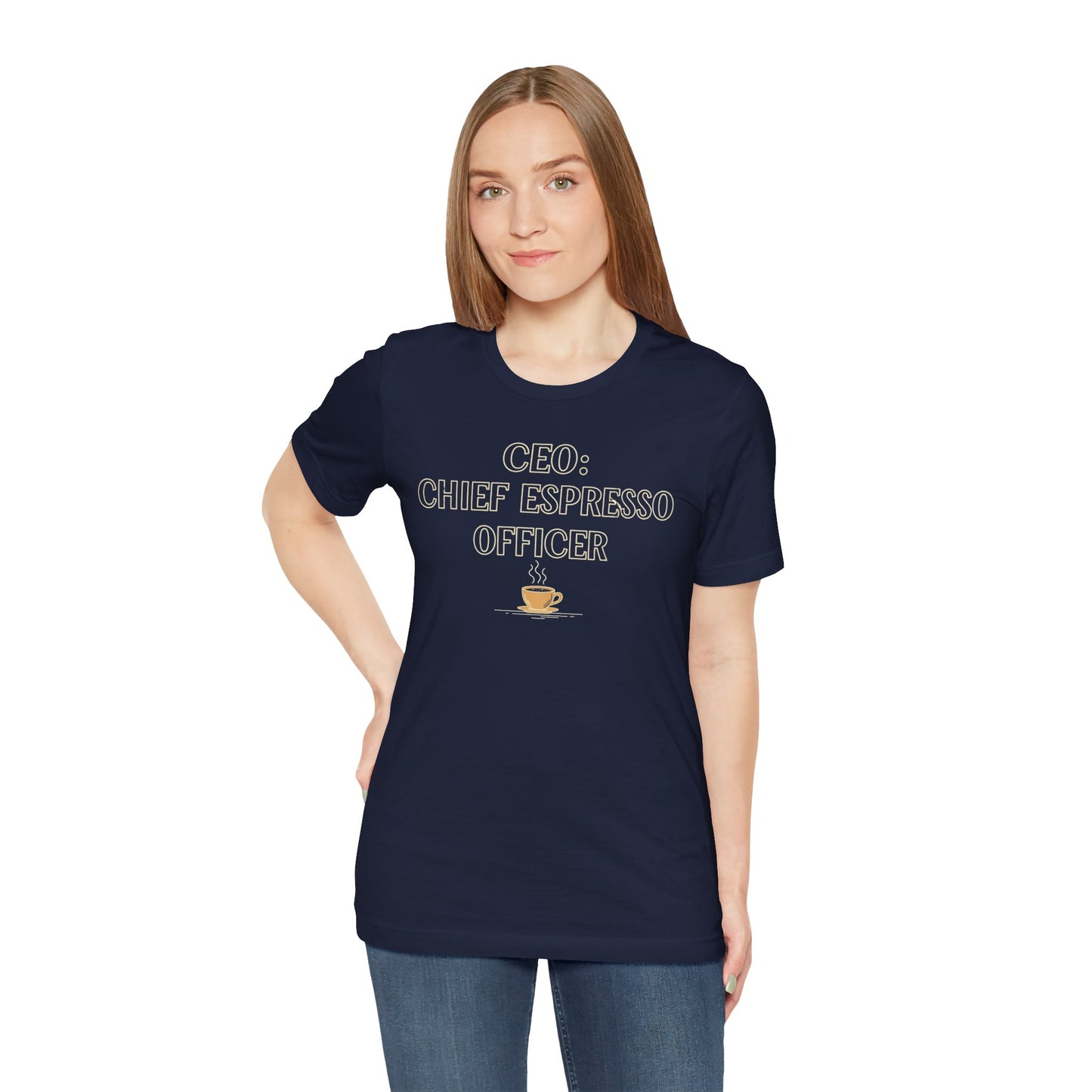 "CEO: Chief Espresso Officer" CW-1 Unisex Jersey T-Shirt for Baristas, Funny Coffee Shirt for Gifts, Perfect for Birthdays, Coffee Shop Outfits