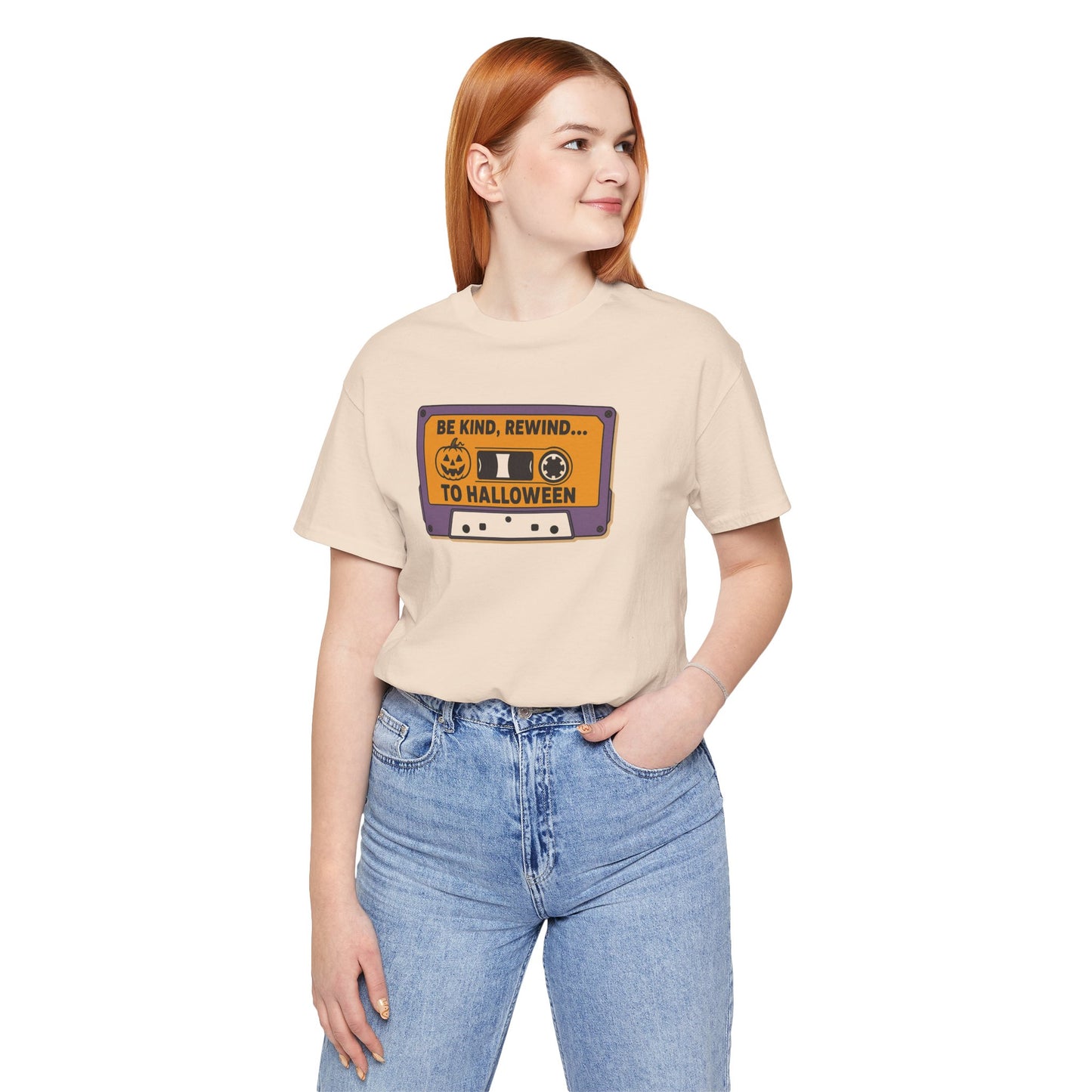 "Be Kind, Rewind to Halloween" T-Shirt, Unisex Casual Wear, Spooky Season Top, Vintage Style Shirt