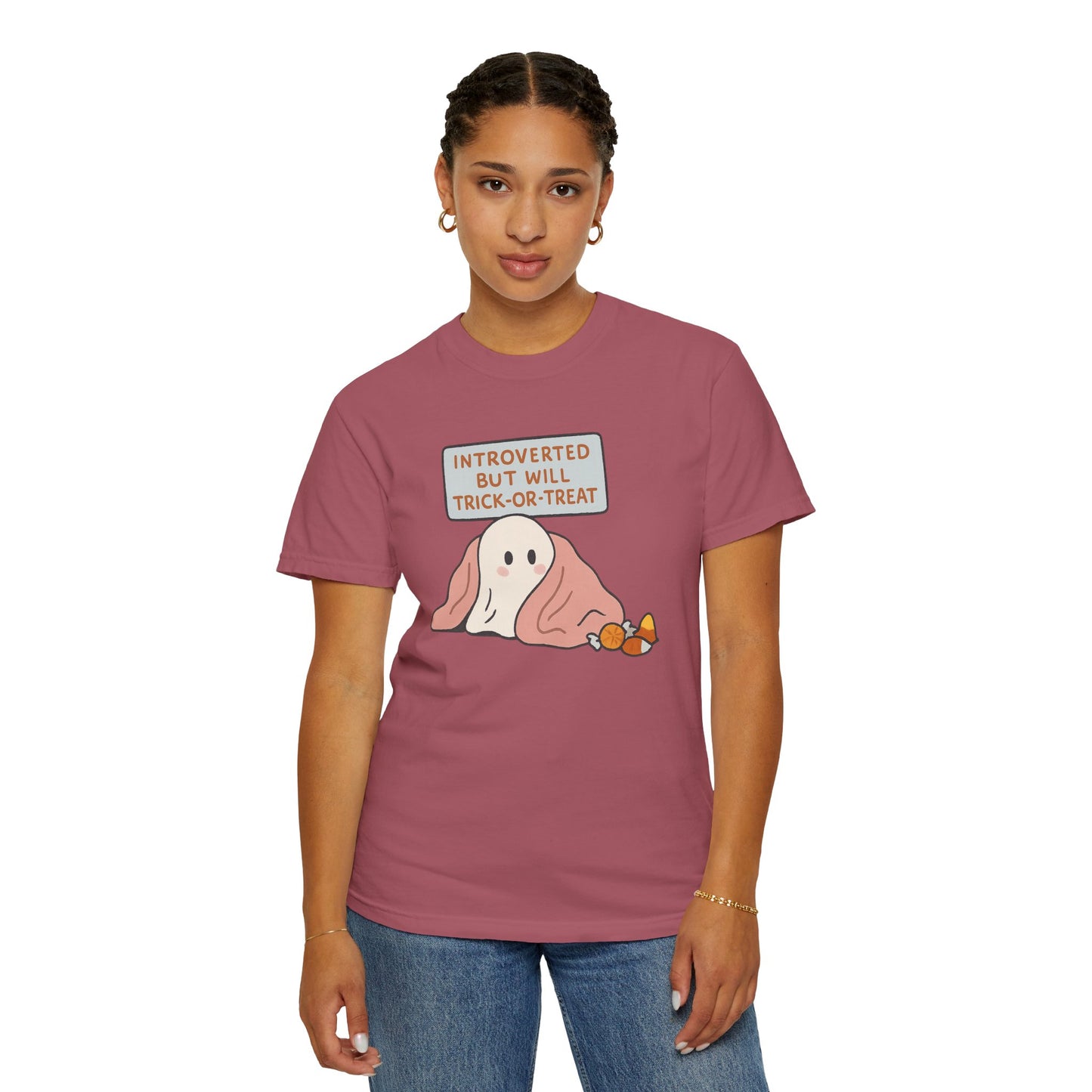"Introverted But Will Trick or Treat" Unisex Halloween Tee, Funny Trick-or-Treat Shirt, Spooky Season Apparel, Gift for Introverts