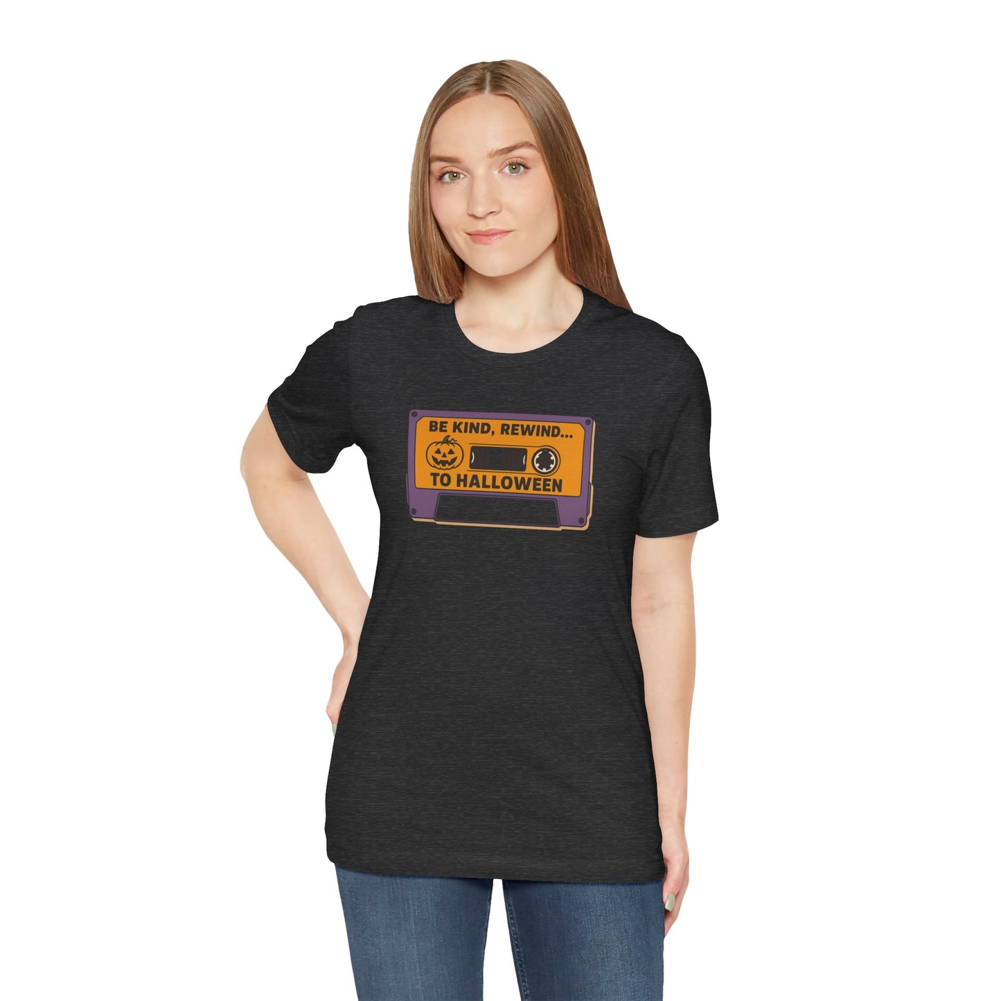"Be Kind, Rewind to Halloween" T-Shirt, Unisex Casual Wear, Spooky Season Top, Vintage Style Shirt