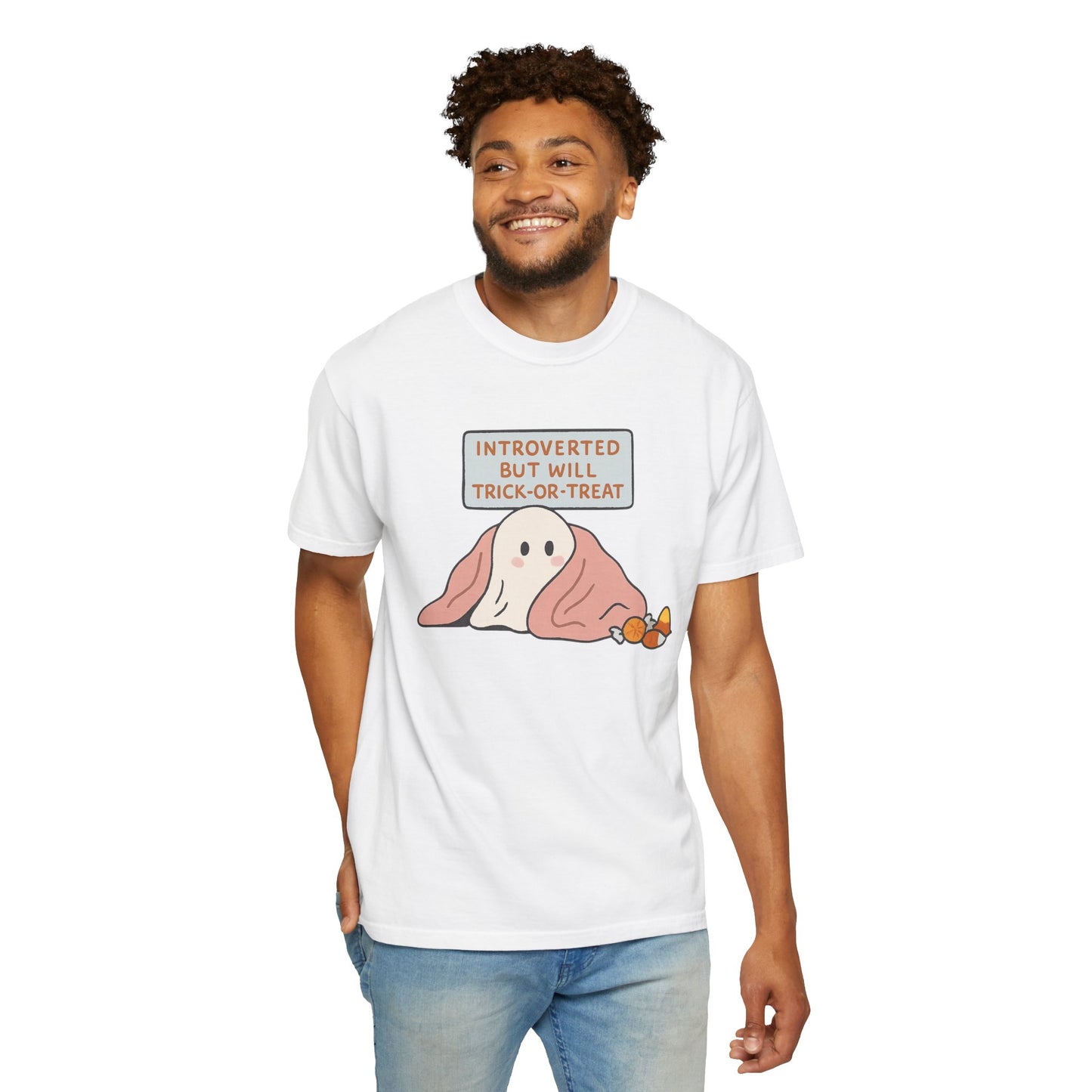 "Introverted But Will Trick or Treat" Unisex Halloween Tee, Funny Trick-or-Treat Shirt, Spooky Season Apparel, Gift for Introverts