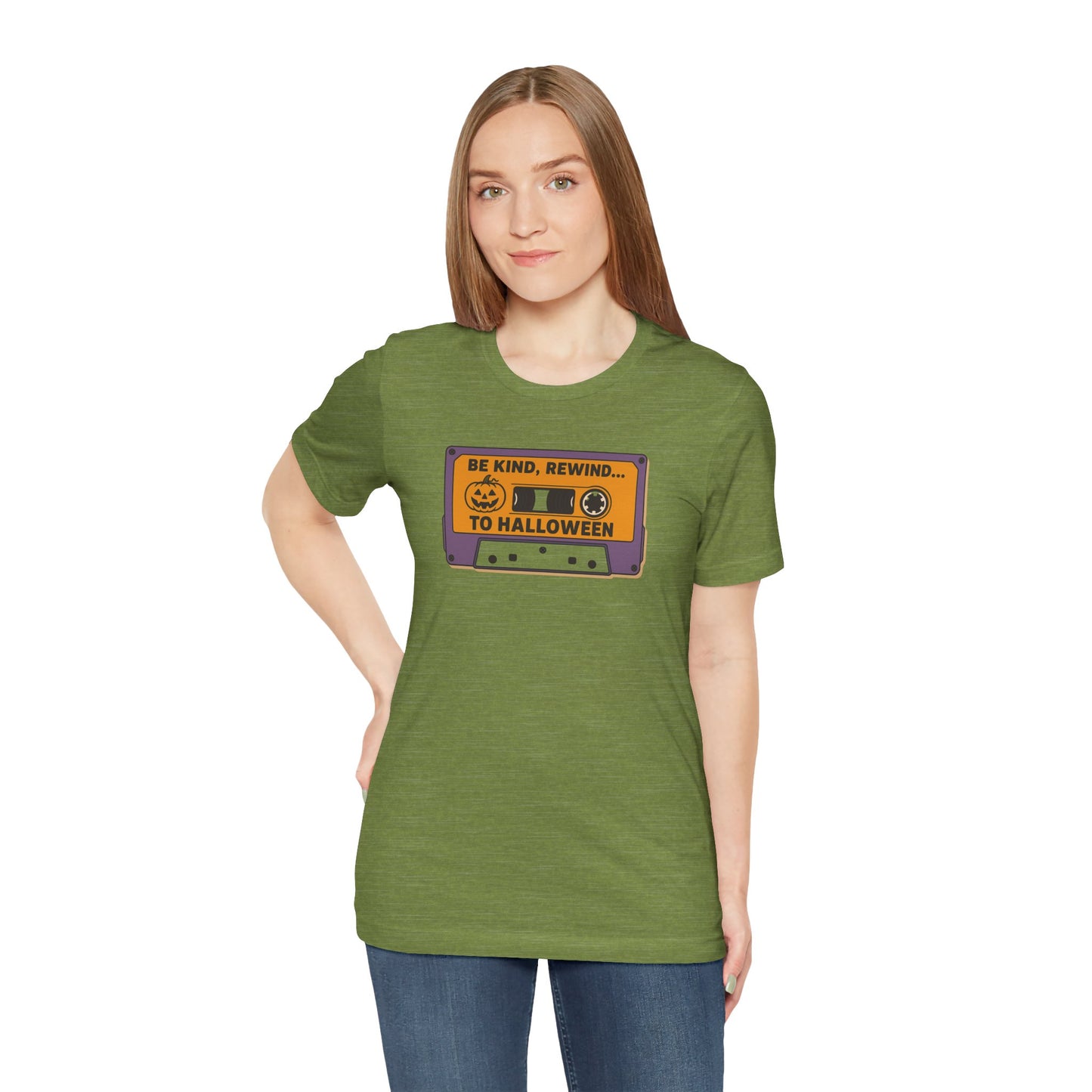 "Be Kind, Rewind to Halloween" T-Shirt, Unisex Casual Wear, Spooky Season Top, Vintage Style Shirt