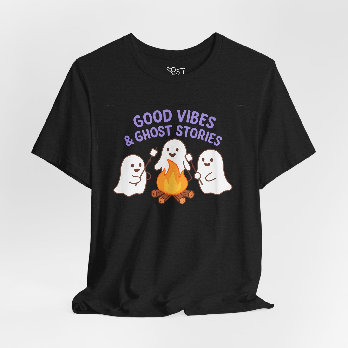 "Good Vibes & Ghost Stories" Unisex Jersey Short Sleeve Shirt for Halloween, Campfire Nights, Cozy Gatherings, Spirit Enthusiasts