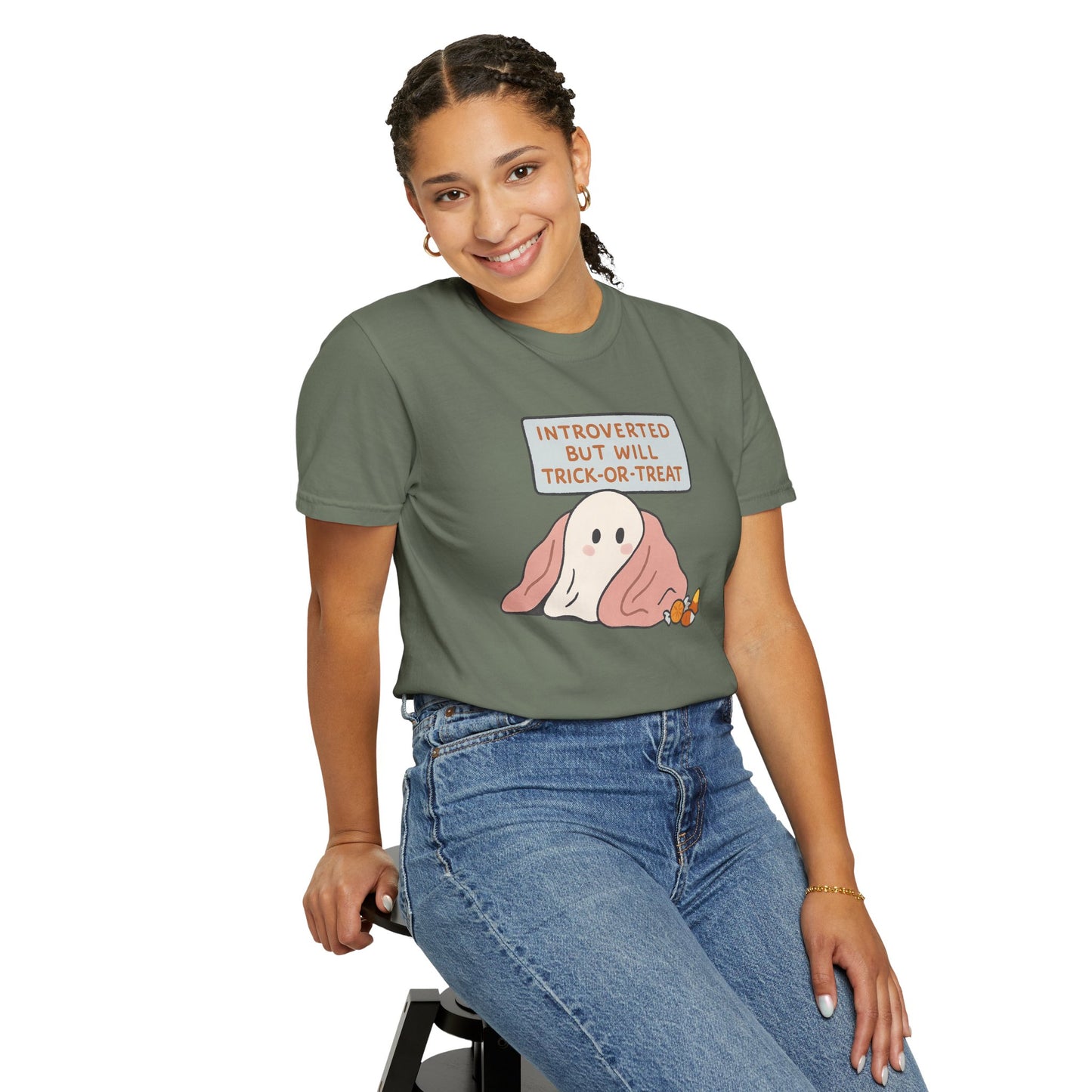 "Introverted But Will Trick or Treat" Unisex Halloween Tee, Funny Trick-or-Treat Shirt, Spooky Season Apparel, Gift for Introverts