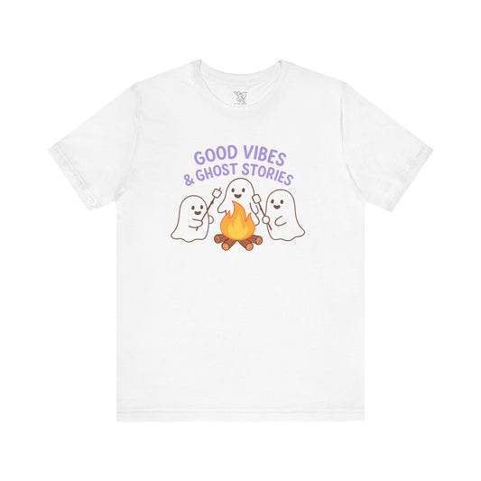 "Good Vibes & Ghost Stories" Unisex Jersey Short Sleeve Shirt for Halloween, Campfire Nights, Cozy Gatherings, Spirit Enthusiasts