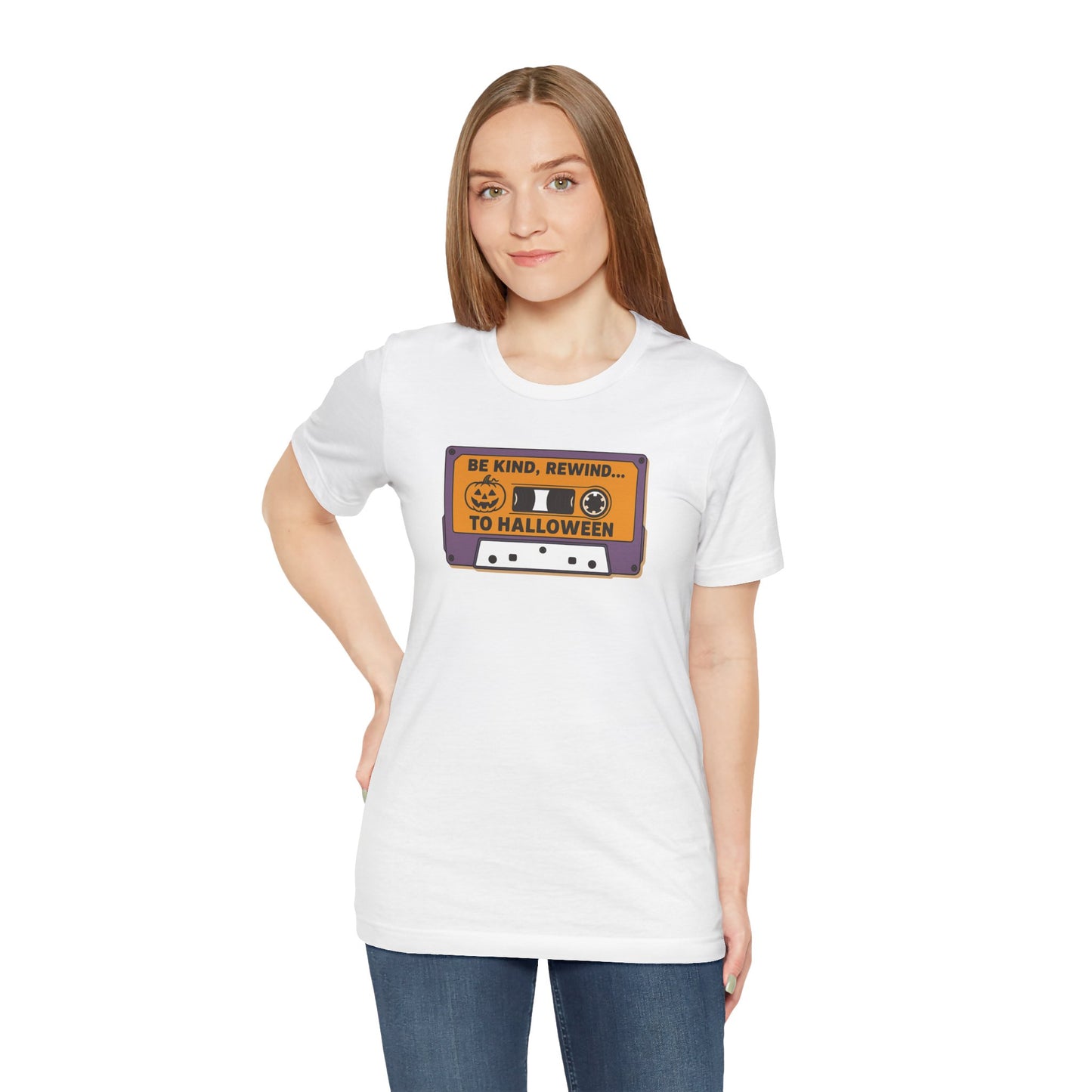 "Be Kind, Rewind to Halloween" T-Shirt, Unisex Casual Wear, Spooky Season Top, Vintage Style Shirt
