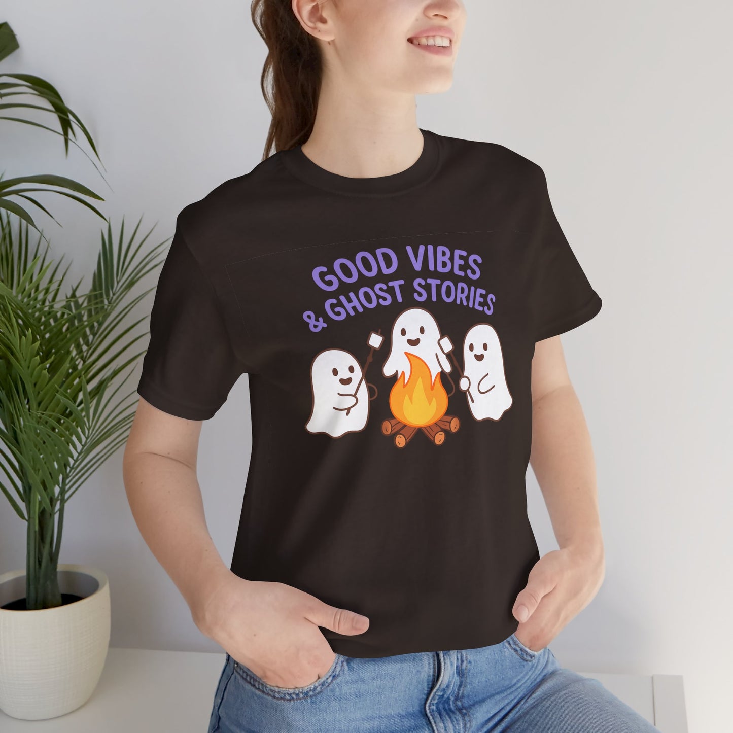 "Good Vibes & Ghost Stories" Unisex Jersey Short Sleeve Shirt for Halloween, Campfire Nights, Cozy Gatherings, Spirit Enthusiasts