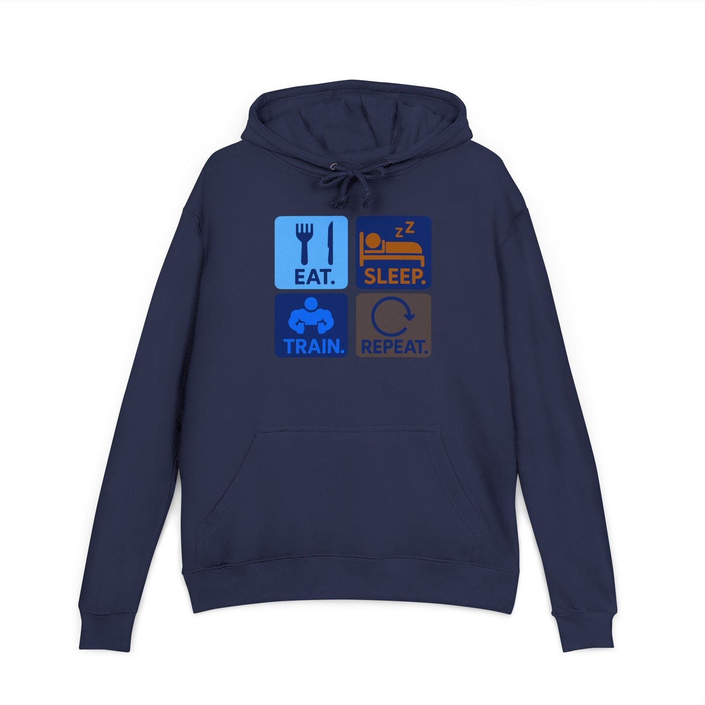 "EAT.SLEEP.TRAIN.REPEAT." Statement Hoodie for Fitness Lovers, Cozy Workout Gear, Athletic Hoodie, Motivational Hoodie, Gym Apparel