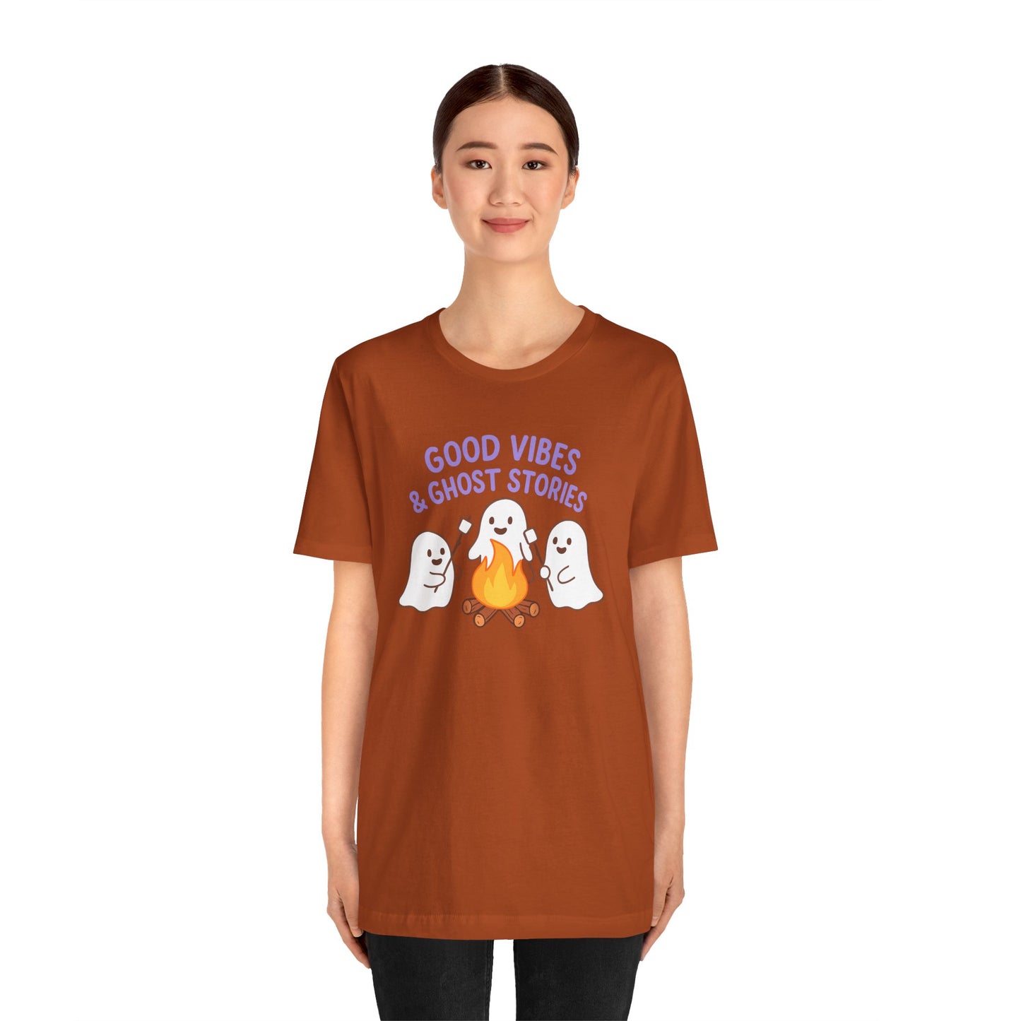 "Good Vibes & Ghost Stories" Unisex Jersey Short Sleeve Shirt for Halloween, Campfire Nights, Cozy Gatherings, Spirit Enthusiasts