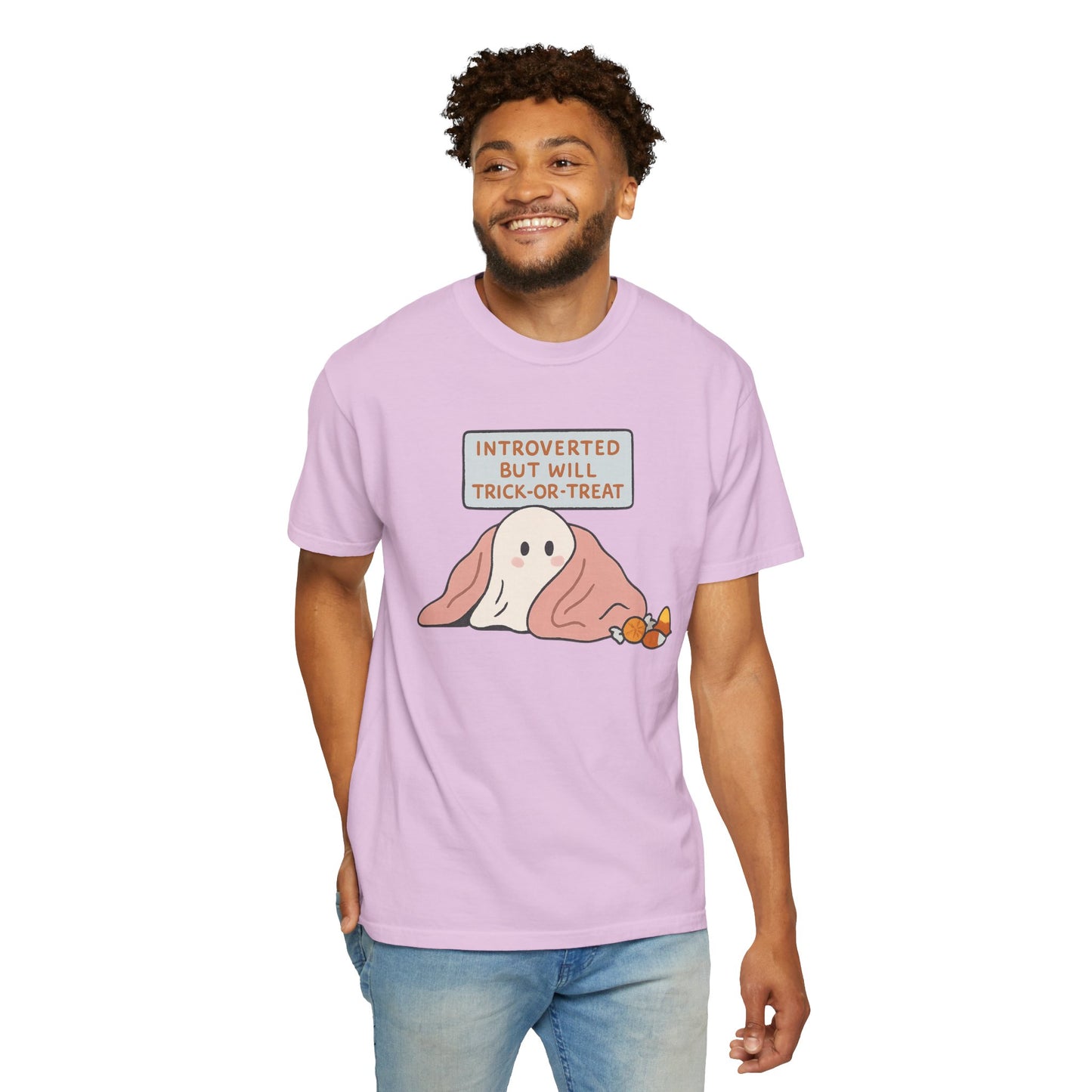 "Introverted But Will Trick or Treat" Unisex Halloween Tee, Funny Trick-or-Treat Shirt, Spooky Season Apparel, Gift for Introverts