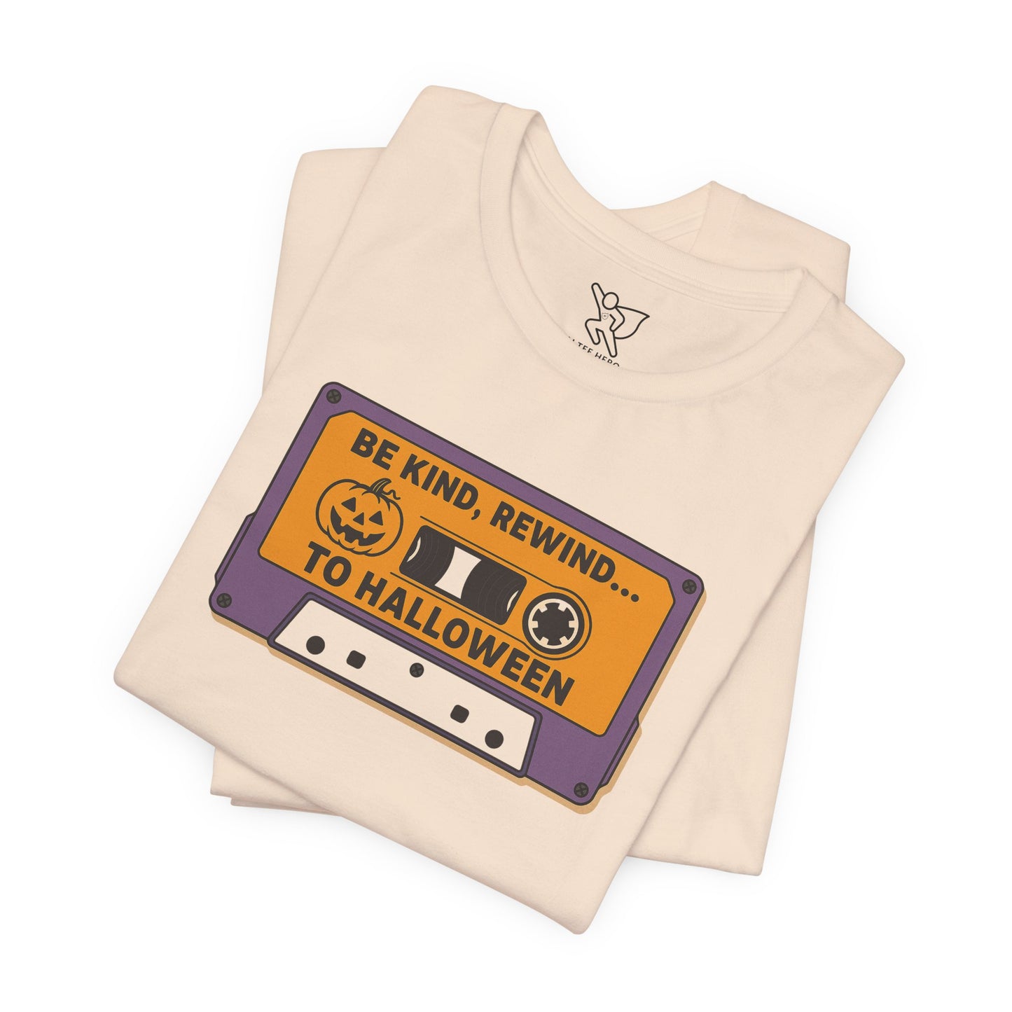 "Be Kind, Rewind to Halloween" T-Shirt, Unisex Casual Wear, Spooky Season Top, Vintage Style Shirt
