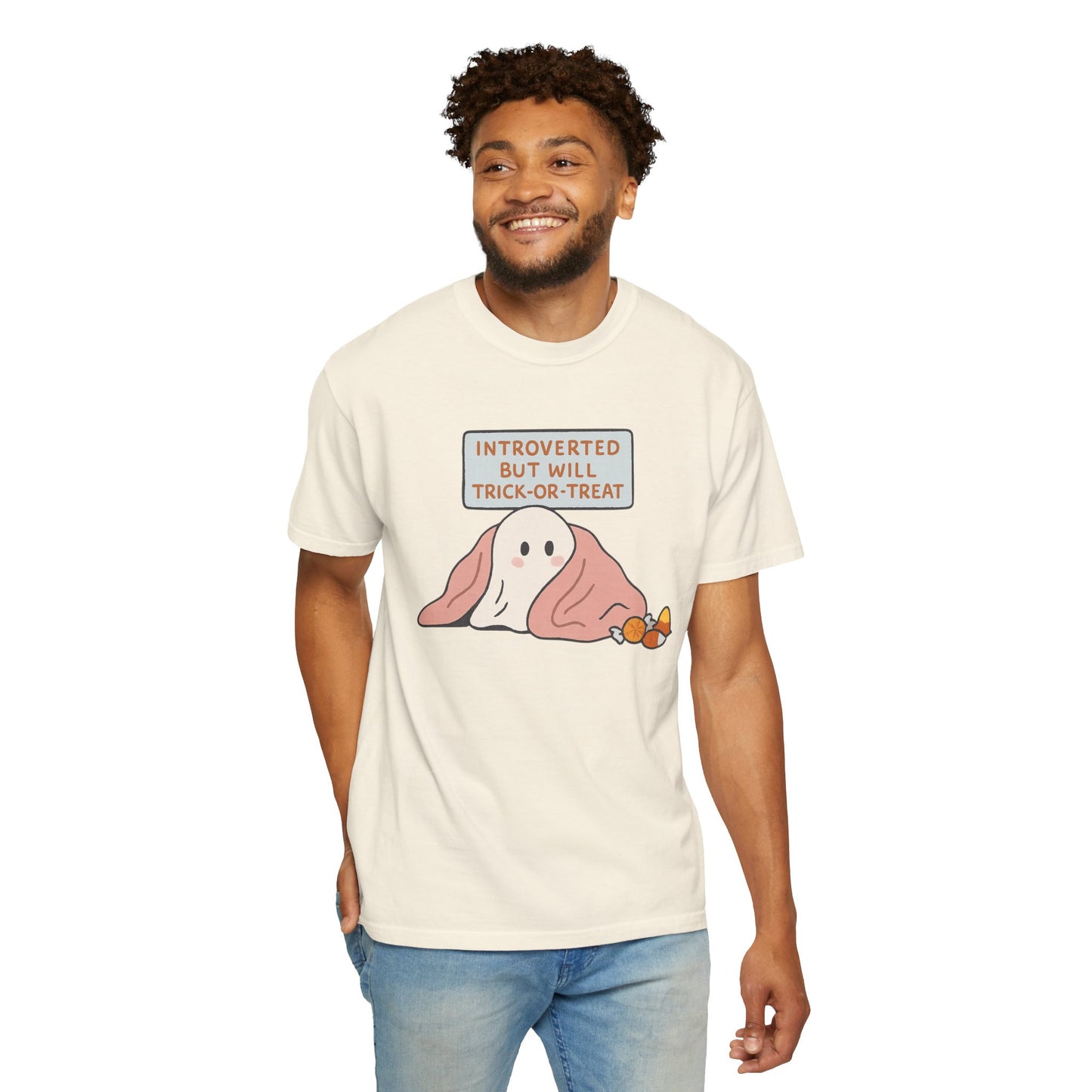 "Introverted But Will Trick or Treat" Unisex Halloween Tee, Funny Trick-or-Treat Shirt, Spooky Season Apparel, Gift for Introverts