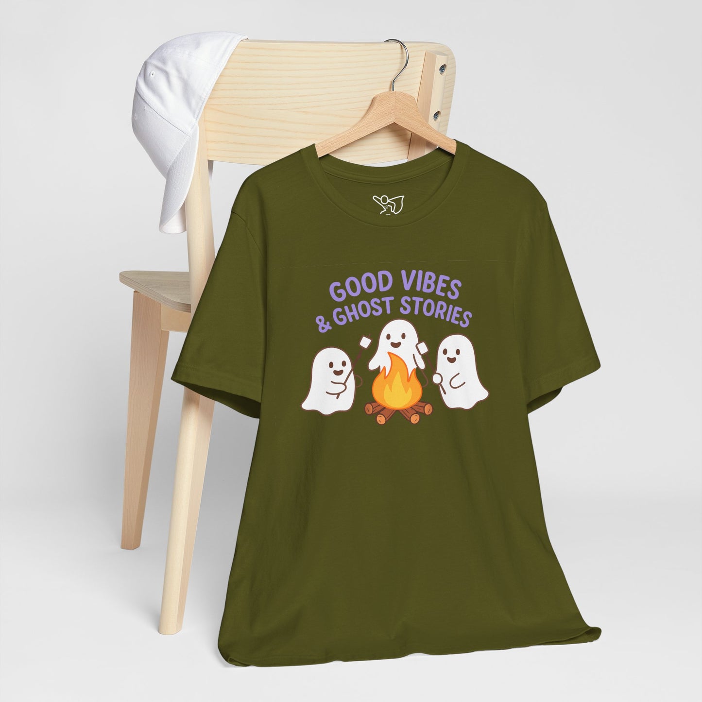 "Good Vibes & Ghost Stories" Unisex Jersey Short Sleeve Shirt for Halloween, Campfire Nights, Cozy Gatherings, Spirit Enthusiasts