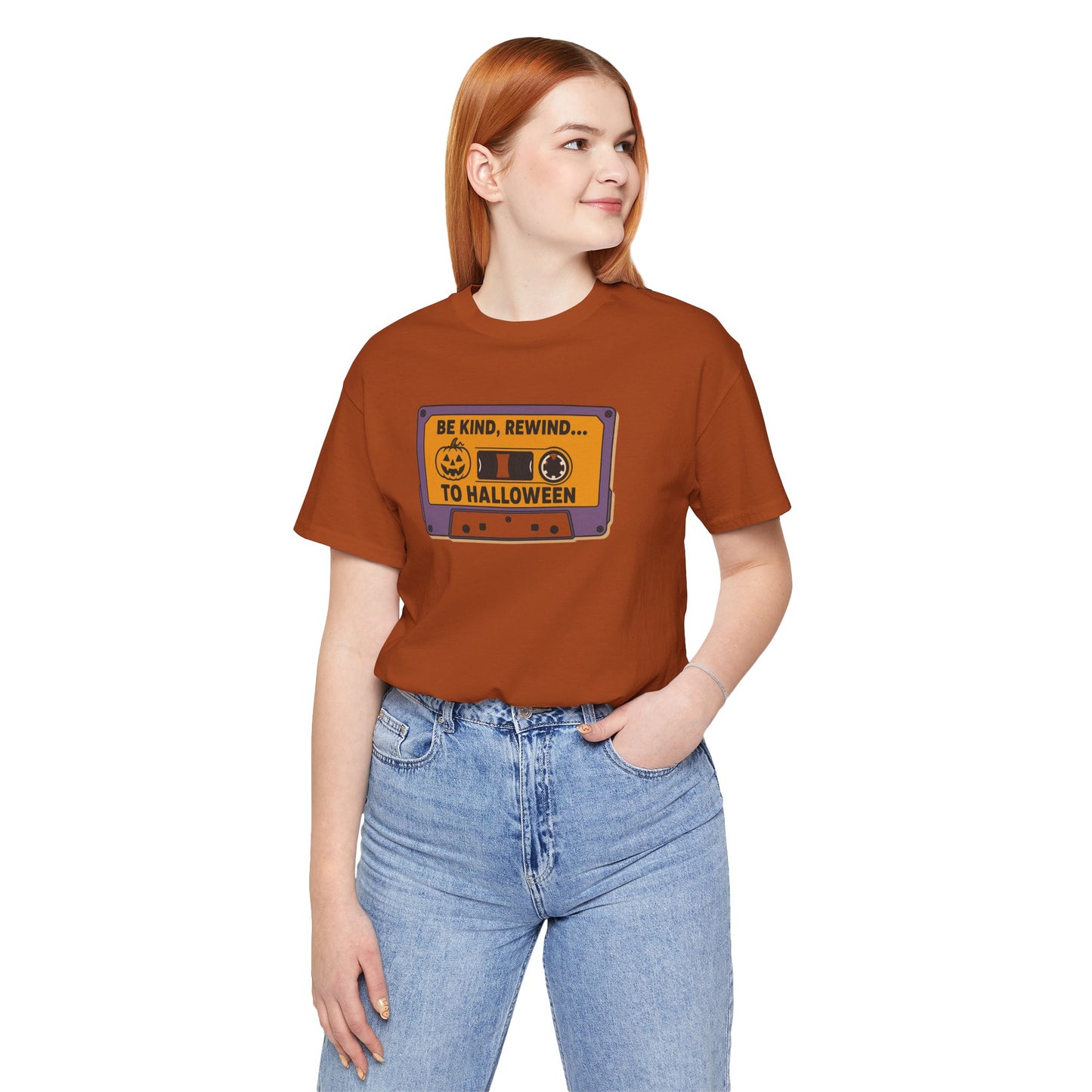 "Be Kind, Rewind to Halloween" T-Shirt, Unisex Casual Wear, Spooky Season Top, Vintage Style Shirt