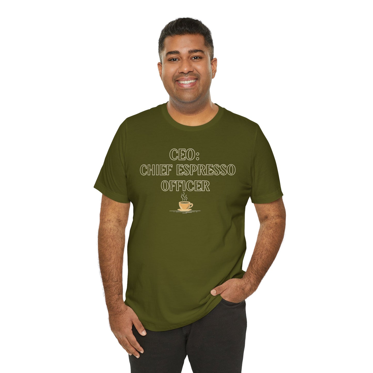 "CEO: Chief Espresso Officer" CW-1 Unisex Jersey T-Shirt for Baristas, Funny Coffee Shirt for Gifts, Perfect for Birthdays, Coffee Shop Outfits