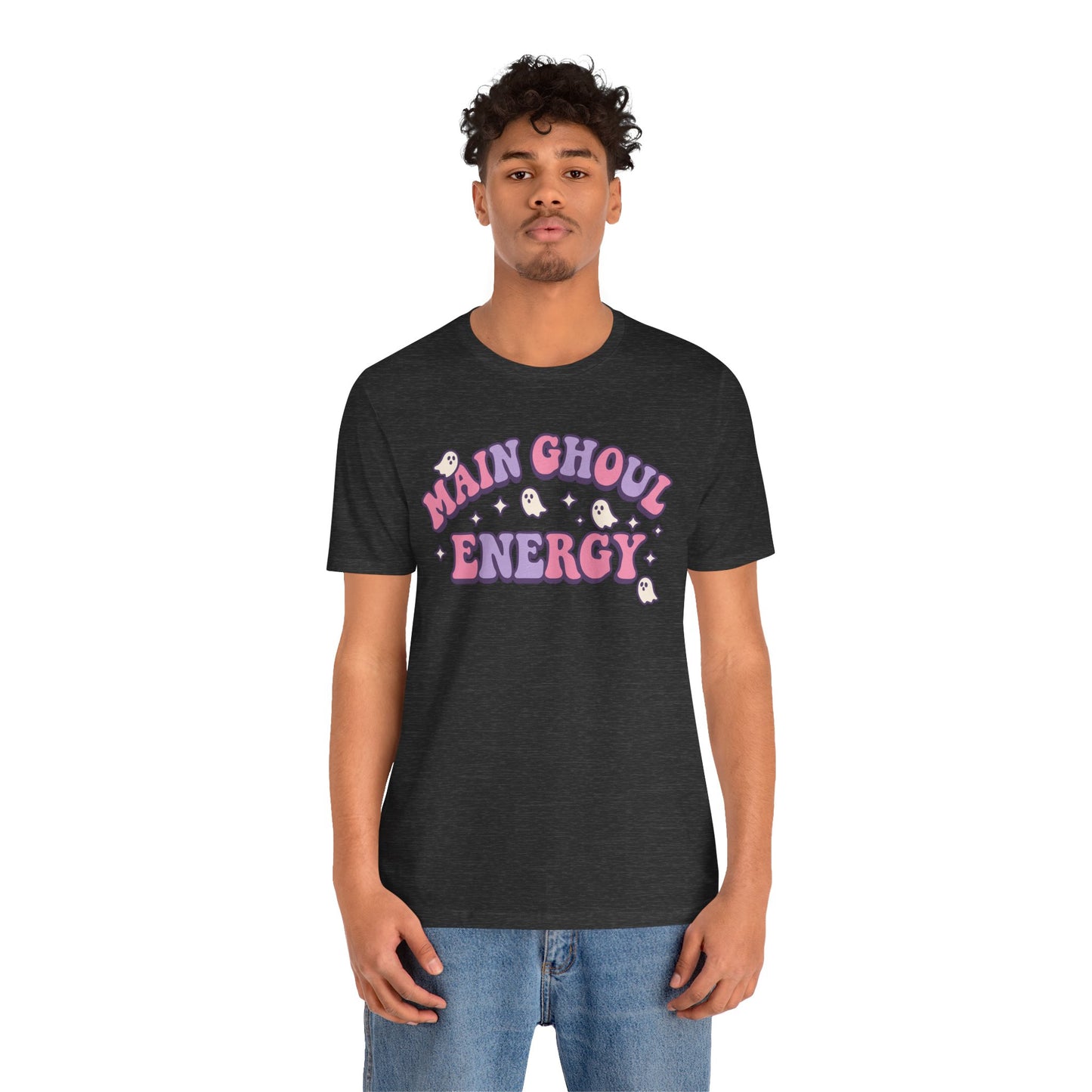 "Main Ghoul Energy" Unisex Short Sleeve T-Shirt, Halloween Party Shirt, Cute Graphic Tee, Gift for Ghost Lovers, Trendy Casual Wear