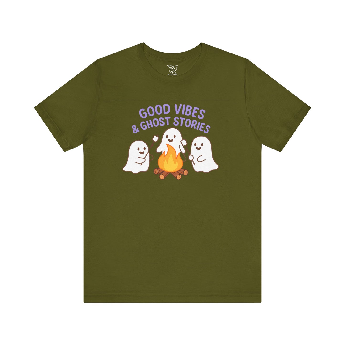 "Good Vibes & Ghost Stories" Unisex Jersey Short Sleeve Shirt for Halloween, Campfire Nights, Cozy Gatherings, Spirit Enthusiasts