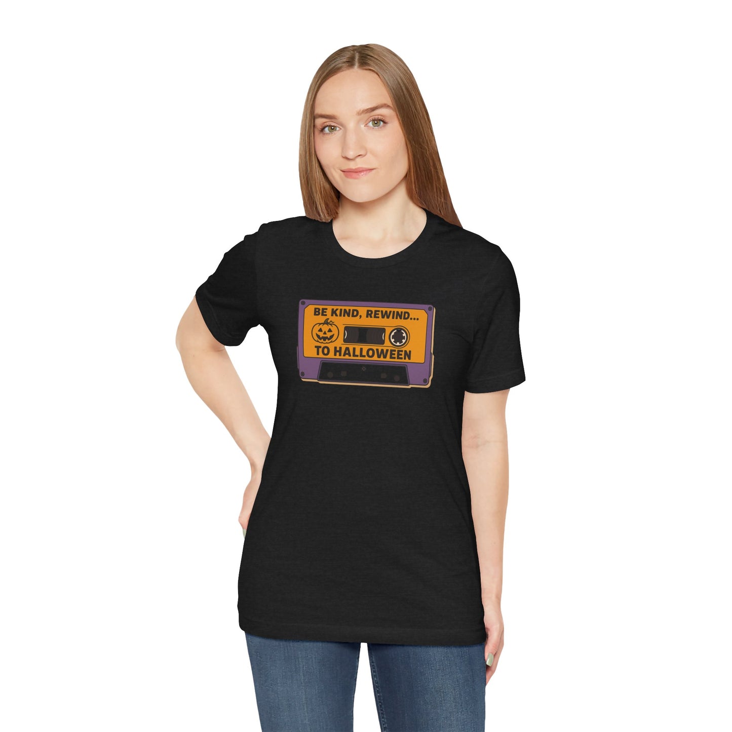 "Be Kind, Rewind to Halloween" T-Shirt, Unisex Casual Wear, Spooky Season Top, Vintage Style Shirt