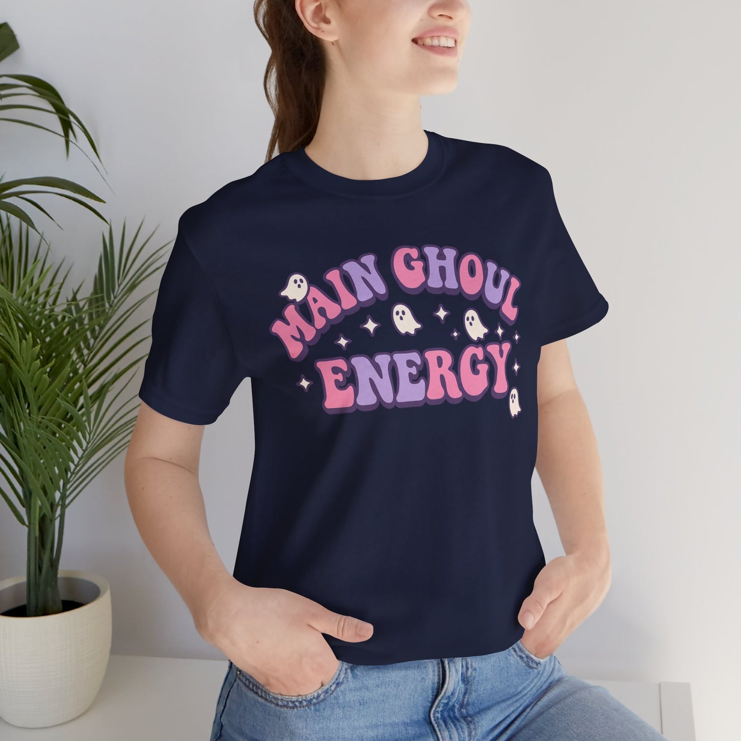 "Main Ghoul Energy" Unisex Short Sleeve T-Shirt, Halloween Party Shirt, Cute Graphic Tee, Gift for Ghost Lovers, Trendy Casual Wear