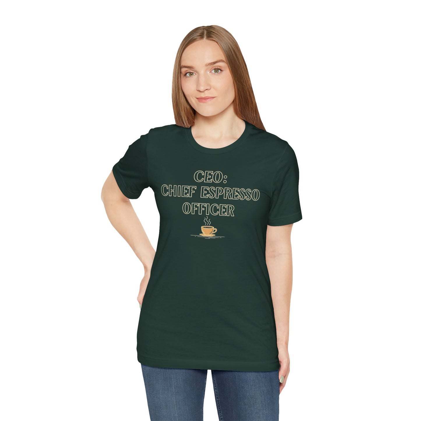"CEO: Chief Espresso Officer" CW-1 Unisex Jersey T-Shirt for Baristas, Funny Coffee Shirt for Gifts, Perfect for Birthdays, Coffee Shop Outfits