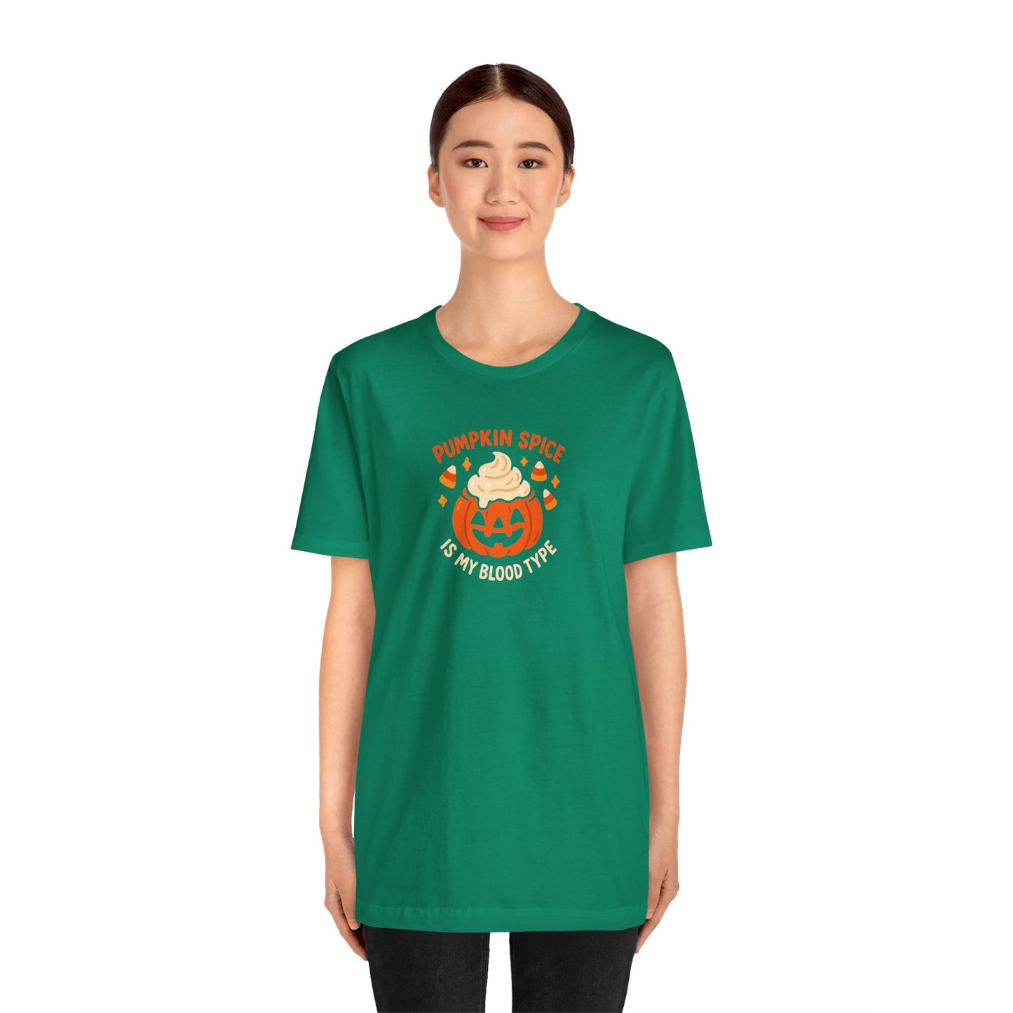 "Pumpkin Spice is My Blood Type" Short Sleeve Tee Fall Fashion, Halloween Shirt, Coffee Lover Gift, Autumn Wardrobe, Seasonal Tee