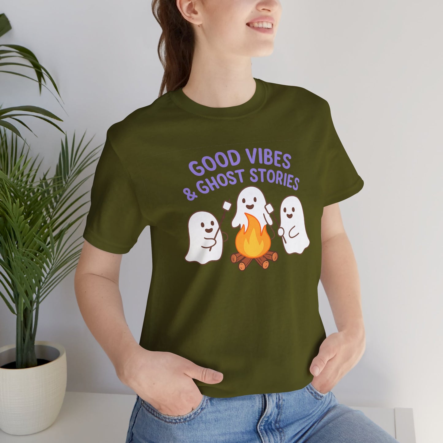 "Good Vibes & Ghost Stories" Unisex Jersey Short Sleeve Shirt for Halloween, Campfire Nights, Cozy Gatherings, Spirit Enthusiasts