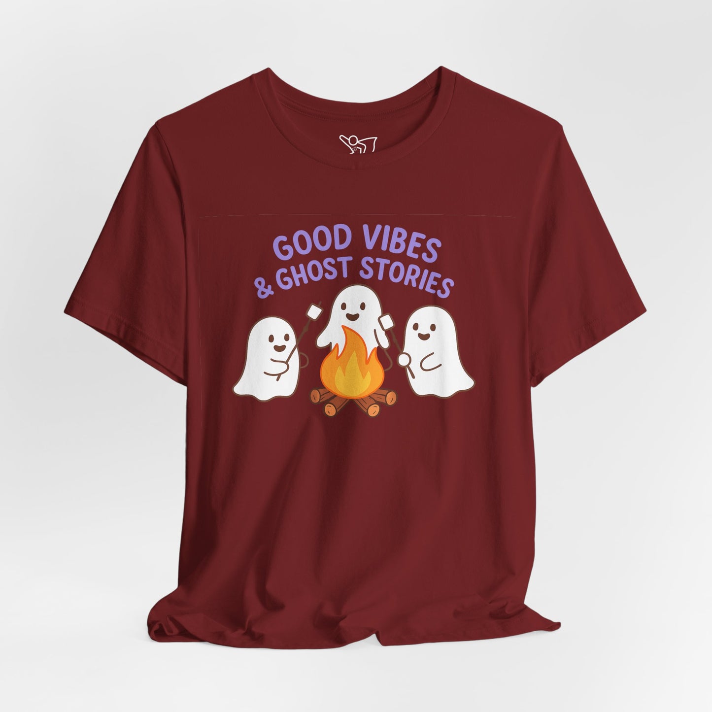 "Good Vibes & Ghost Stories" Unisex Jersey Short Sleeve Shirt for Halloween, Campfire Nights, Cozy Gatherings, Spirit Enthusiasts